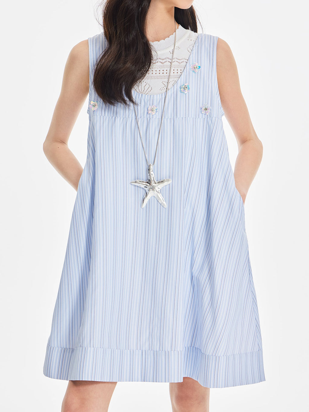 Girls Sleeveless Striped Dress with Floral Embellishments