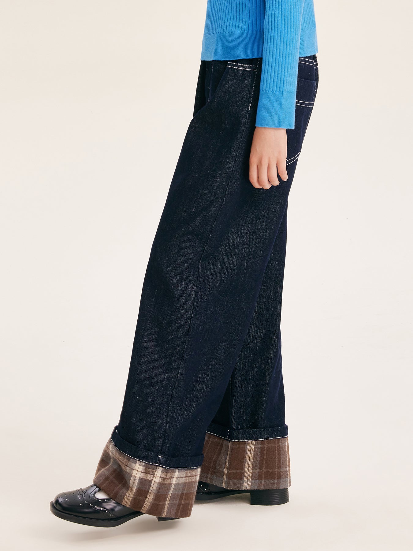 Girls' Fashion Wide Leg Pants Casual Plaid Cuff Jeans