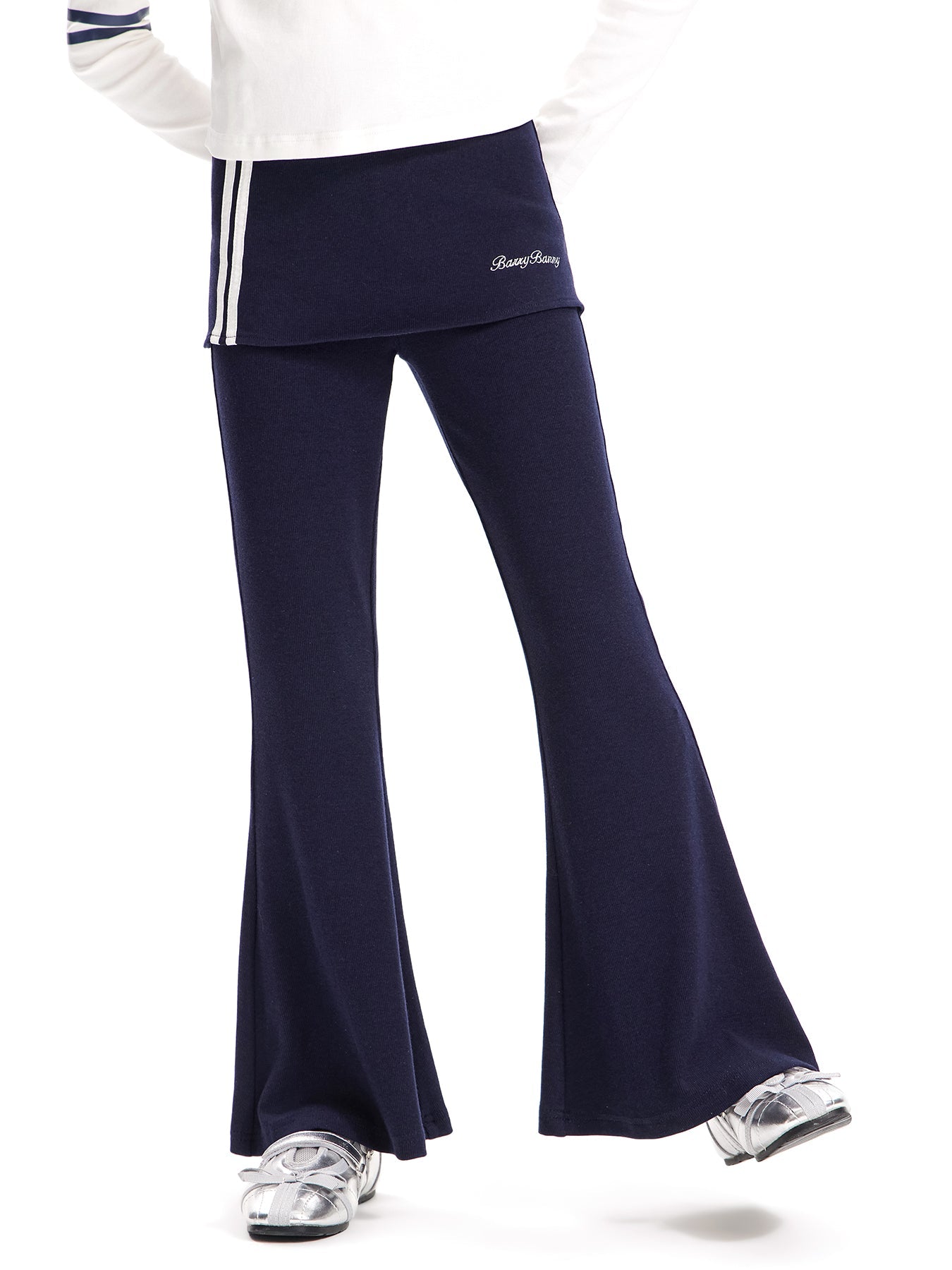 Girls Flared Pants with Skirt Overlay and Logo Embroidery