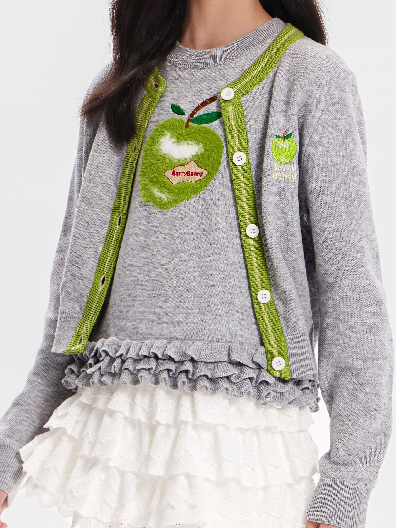 Girls Knit Cardigan Sweater with Apple Embroidery