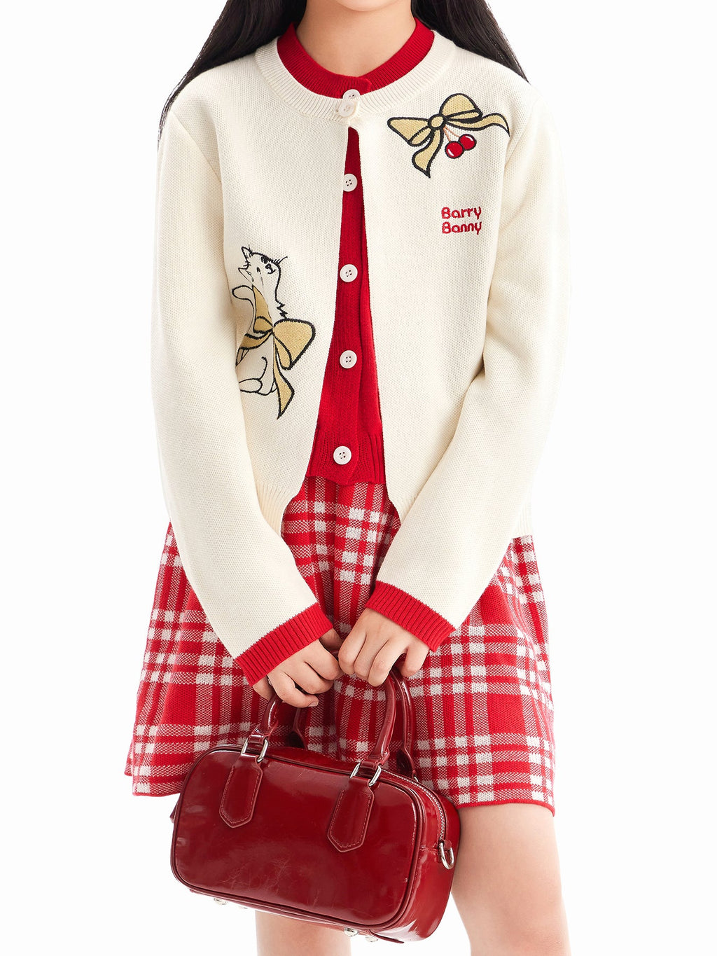 Charming Cat Knitted Cardigan & Red Plaid Pleated Skirt Set for Girls
