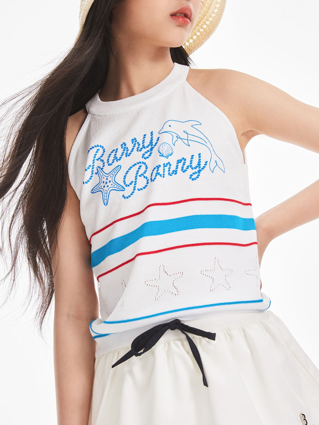 Girls Summer Knit Tank Top Striped Dolphin Graphic Vest