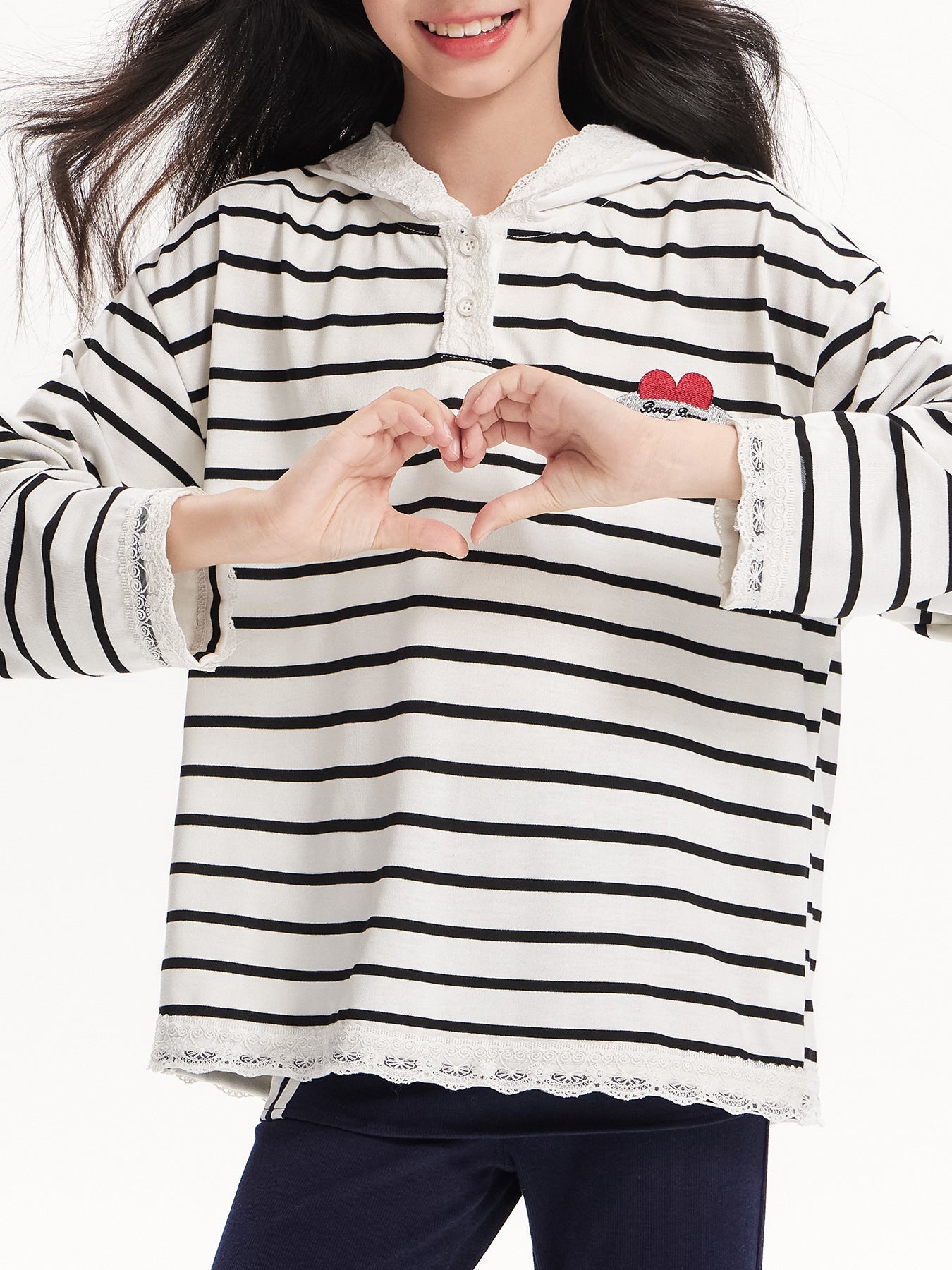 Heart Striped Hoodie with Lace Detail - Girls' Classic T-Shirt
