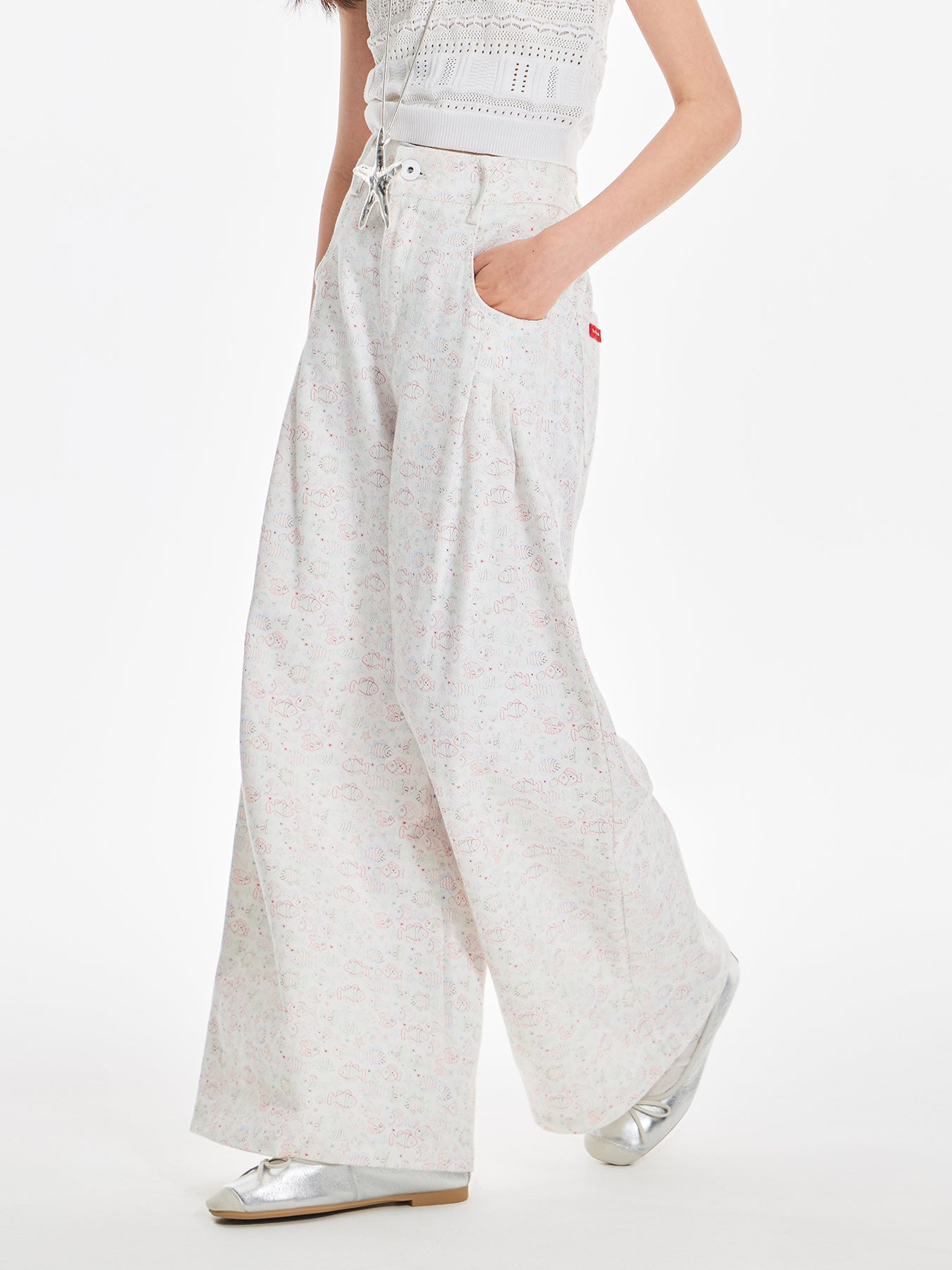 Girls Cotton Wide Leg Pants Summer Fish Print