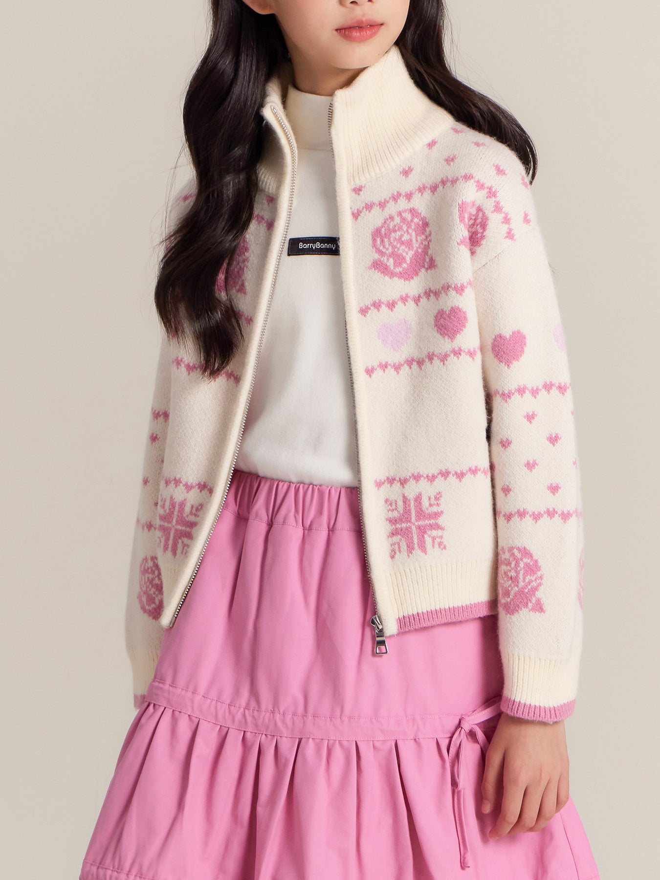 Girls’ Floral Knit Zip-Up Sweater - Cozy & Cute Cardigan