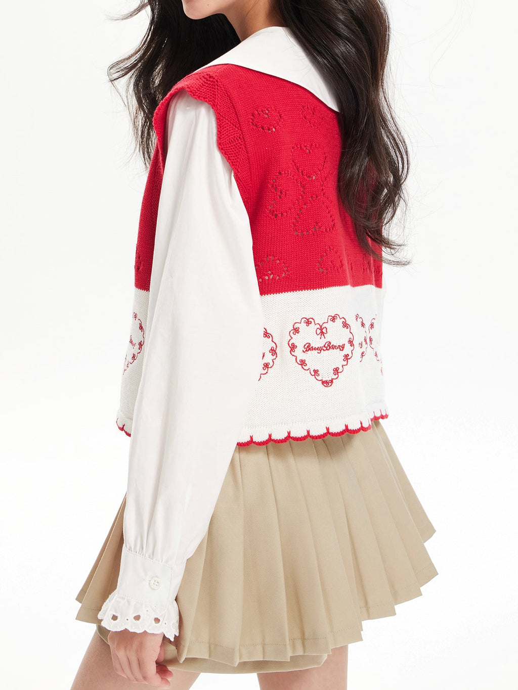 Girls Red Knit Sweater Vest Heart Pattern Cardigan