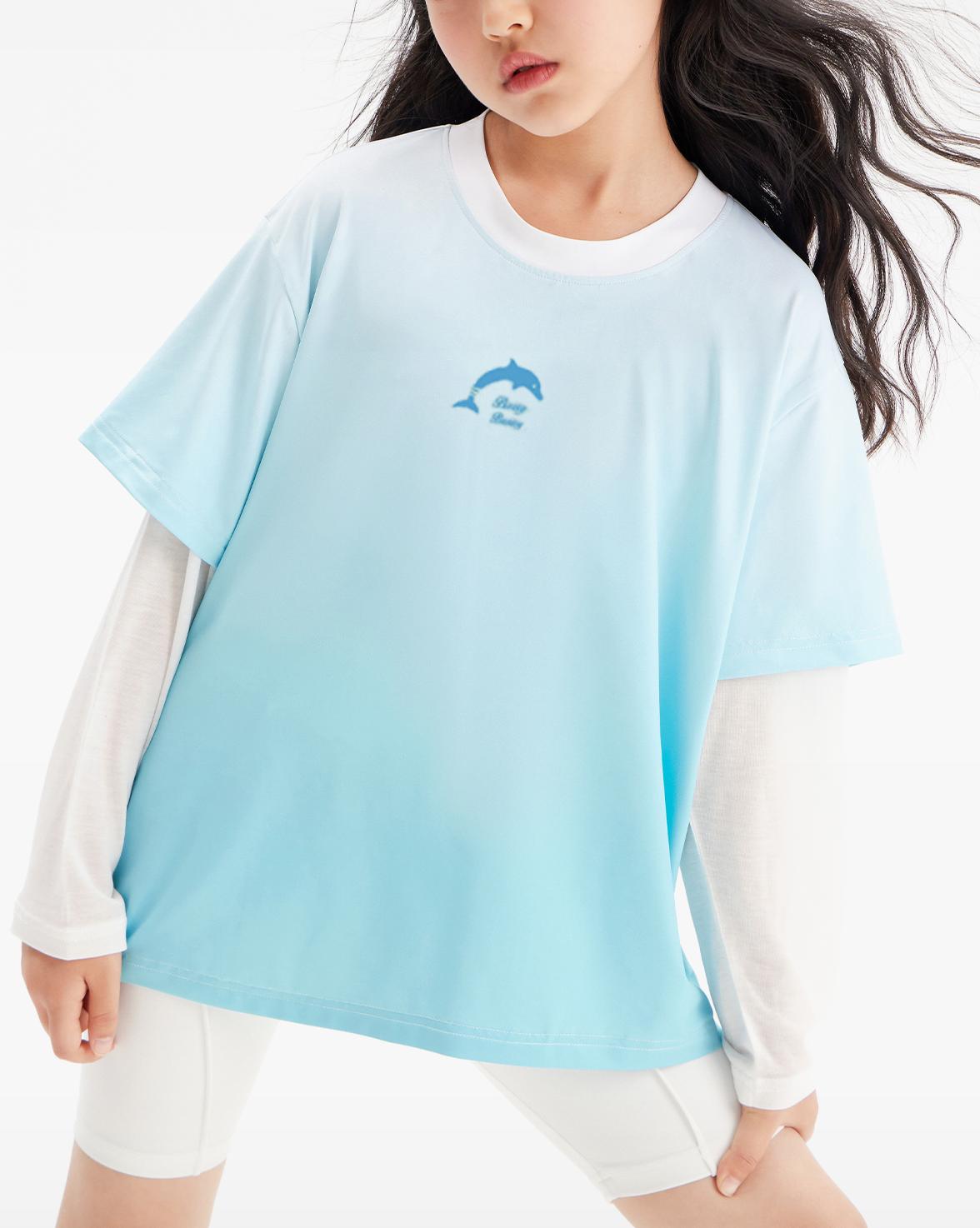 Girls Gradient Blue Short Sleeve Casual Sport T Shirt