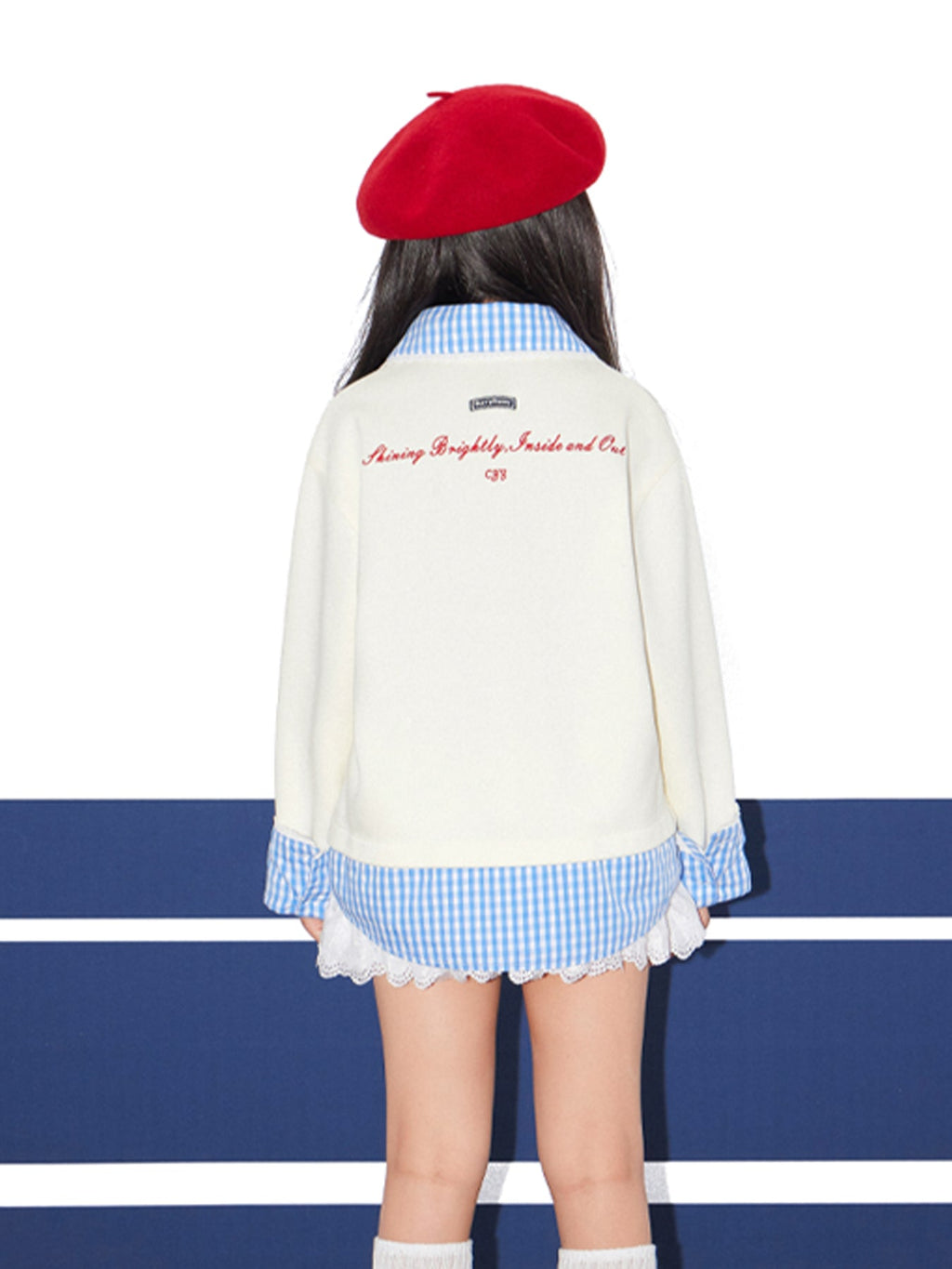 Layered Look Pullover Sweatshirt with Check Shirt Hem