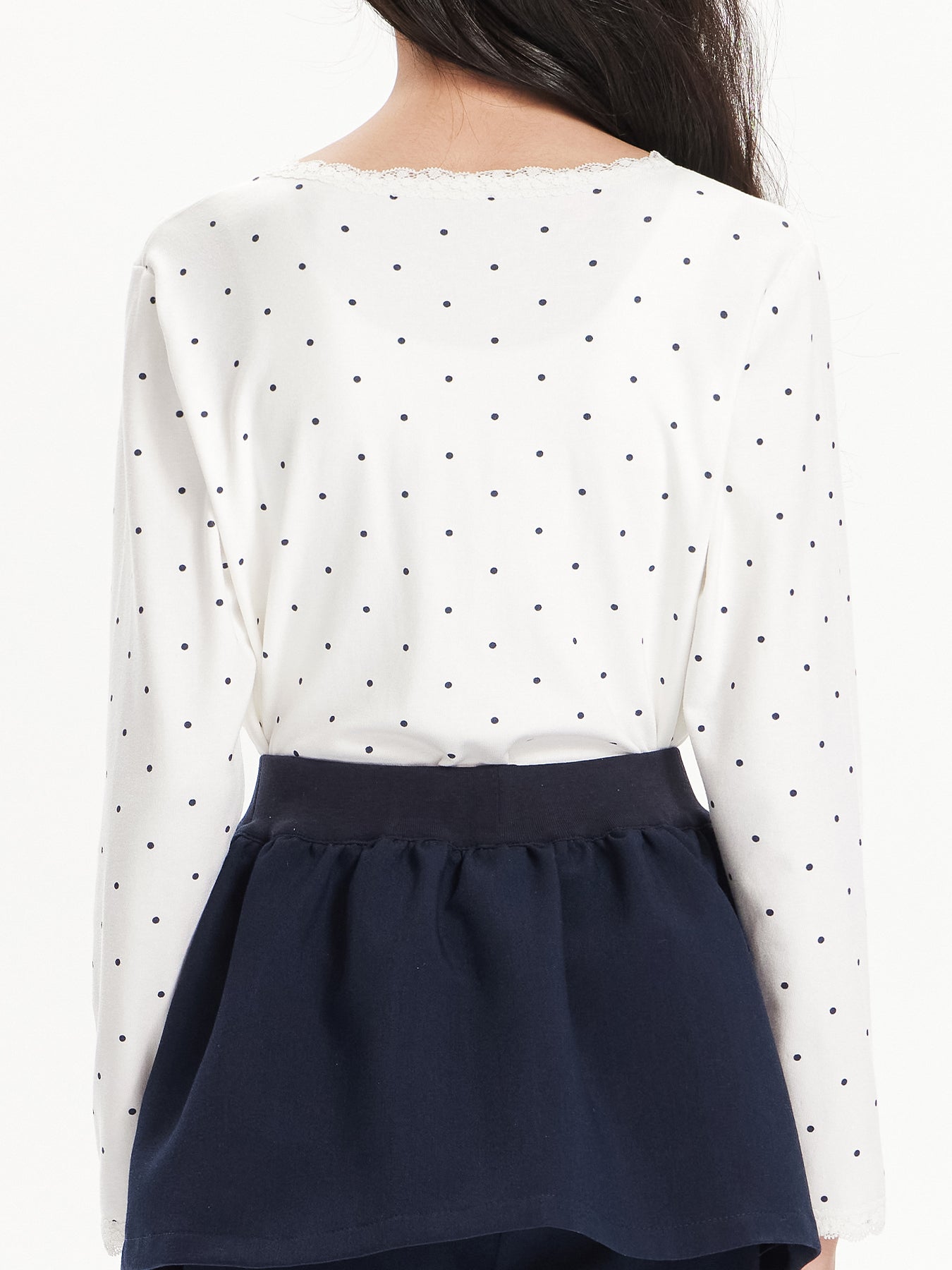 Girls Polka Dot Lace Trim Long Sleeve Tee with Logo