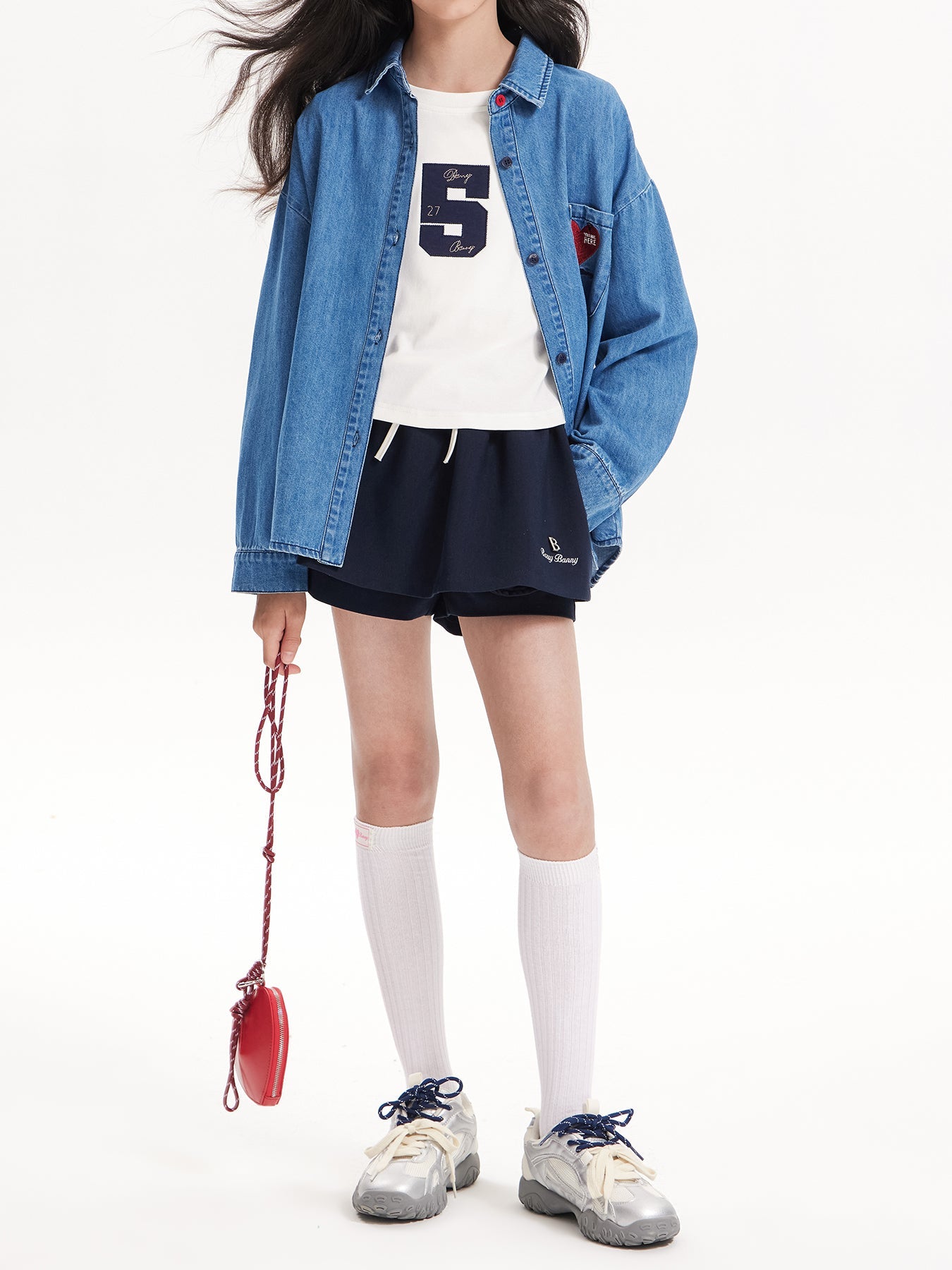 Girls Denim Heart Embroidered Shirt Jacket – Blue Classic