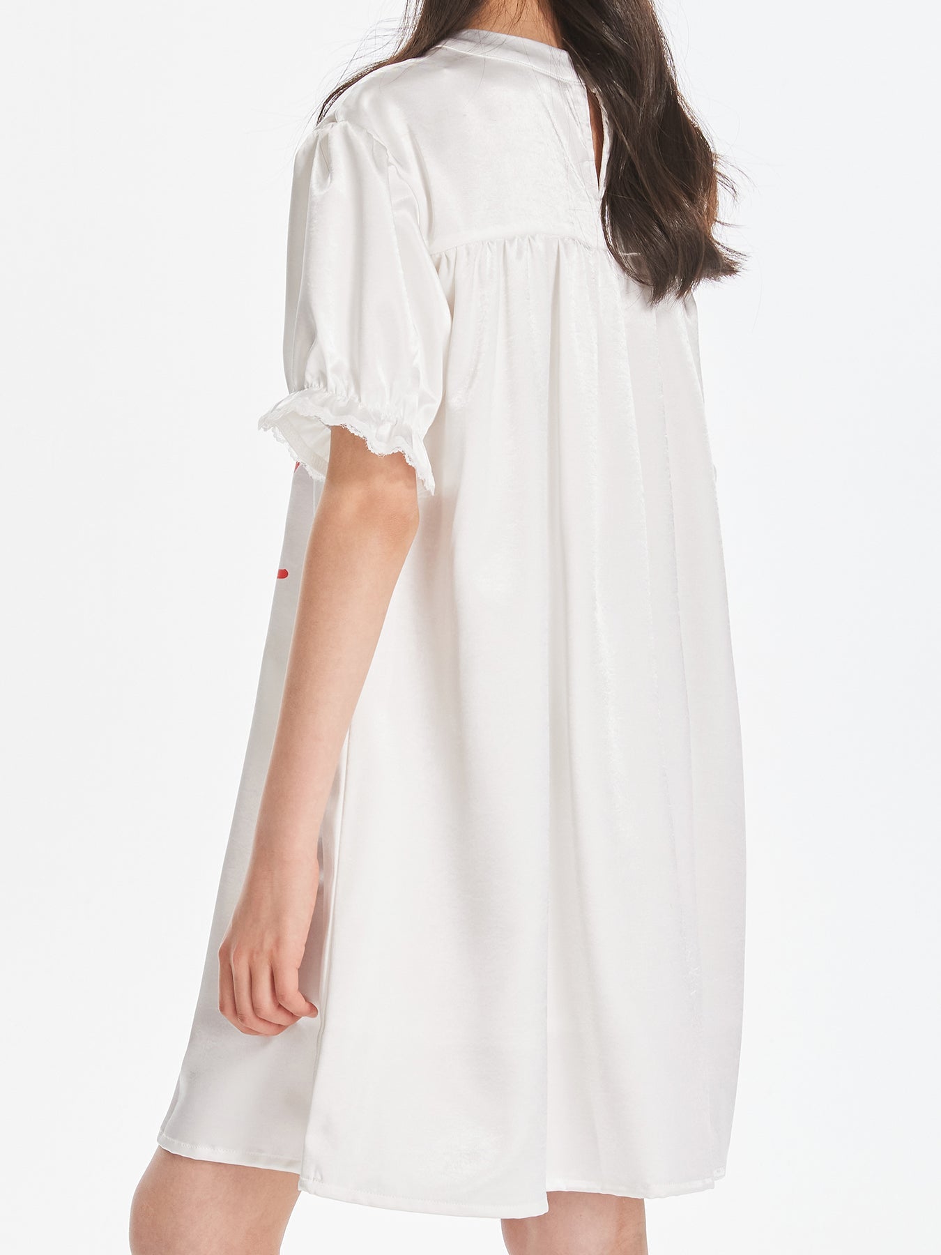 Girls White Satin Letter Print Puff Sleeve Dress