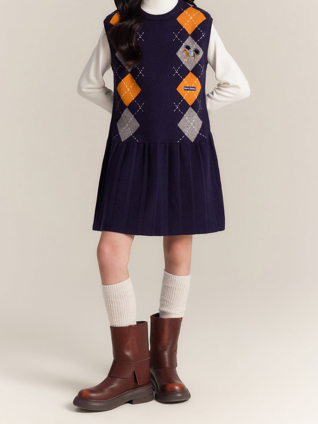 Girls Argyle Knit Dress Sleeveless Plaid Jumper Outfit
