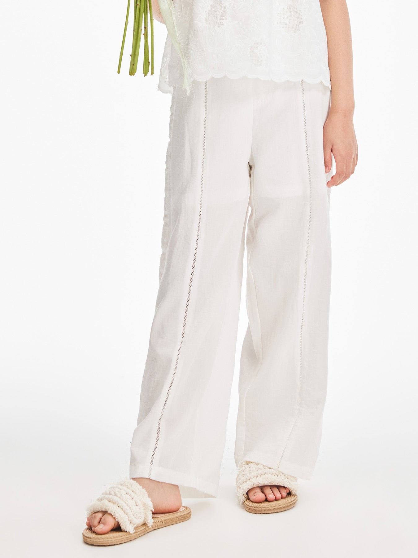 Girls White Loose Fit Wide Leg Casual Pants
