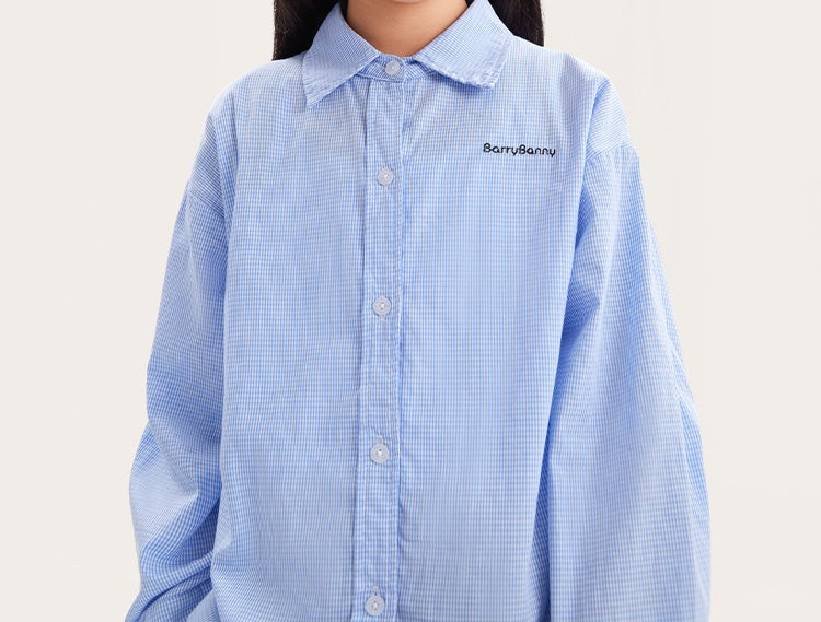 Girls Blue Cotton Long Sleeve Button Down Shirt