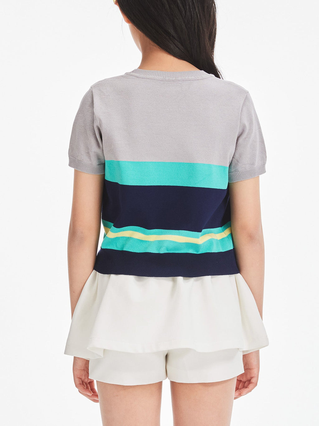 Girls Summer Knit Color Block Crew Neck Short Sleeve Top