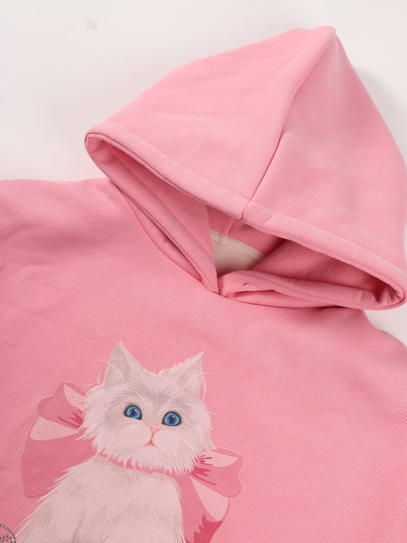 Girls Pink Hoodie with Cute Cat Print and Rhinestone Detail