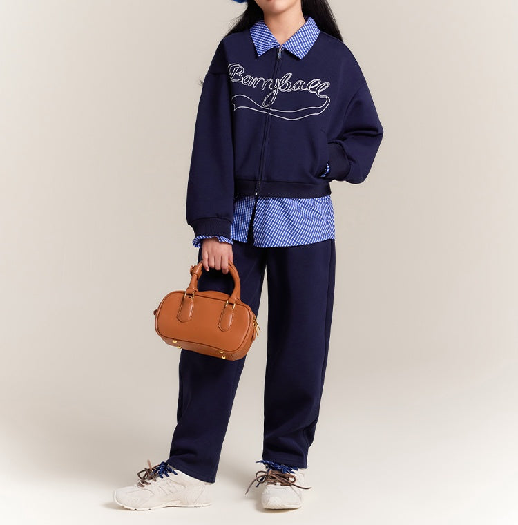 Girls Navy Zip Jacket and Wide Leg Elastic Waist Pants