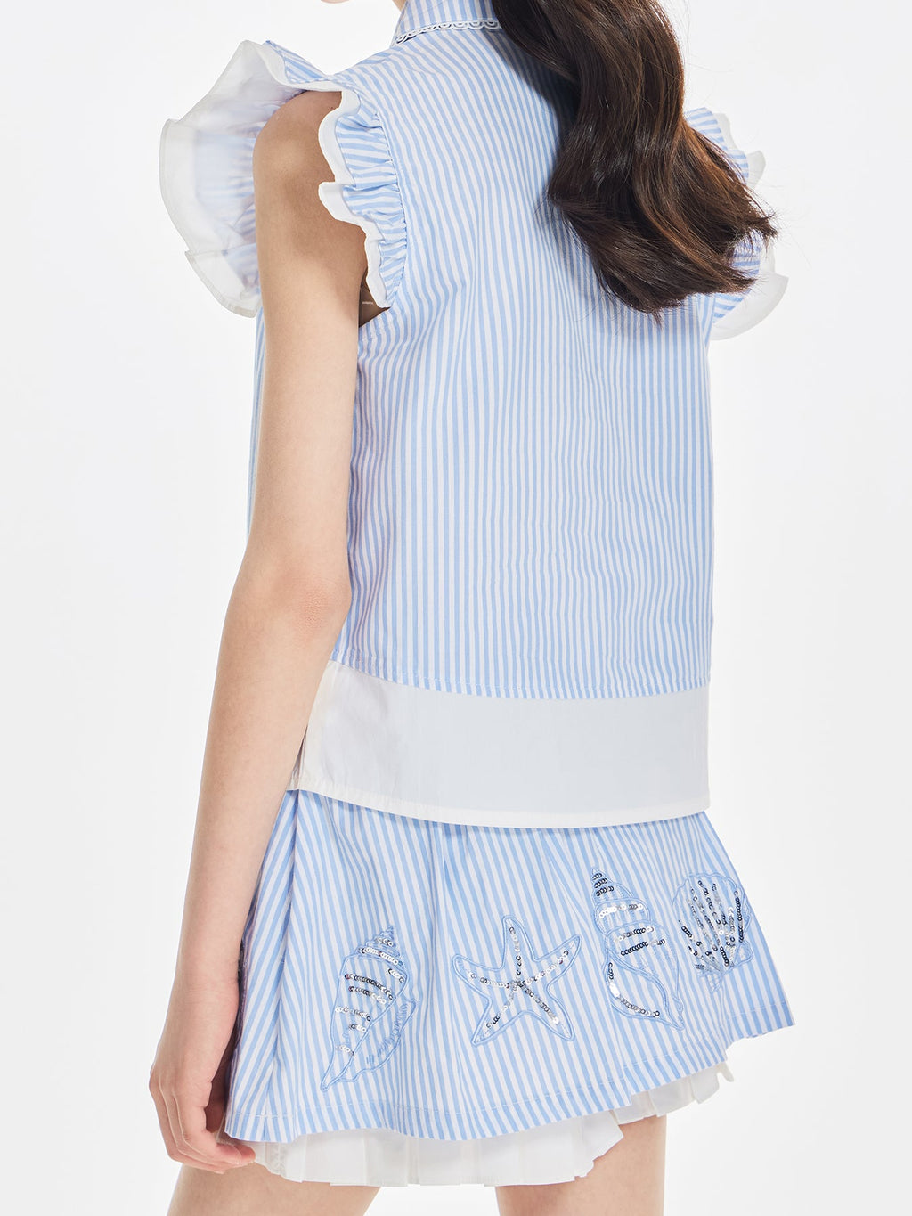 Girls Ruffle Sleeve Striped Blouse and Skirt Shorts