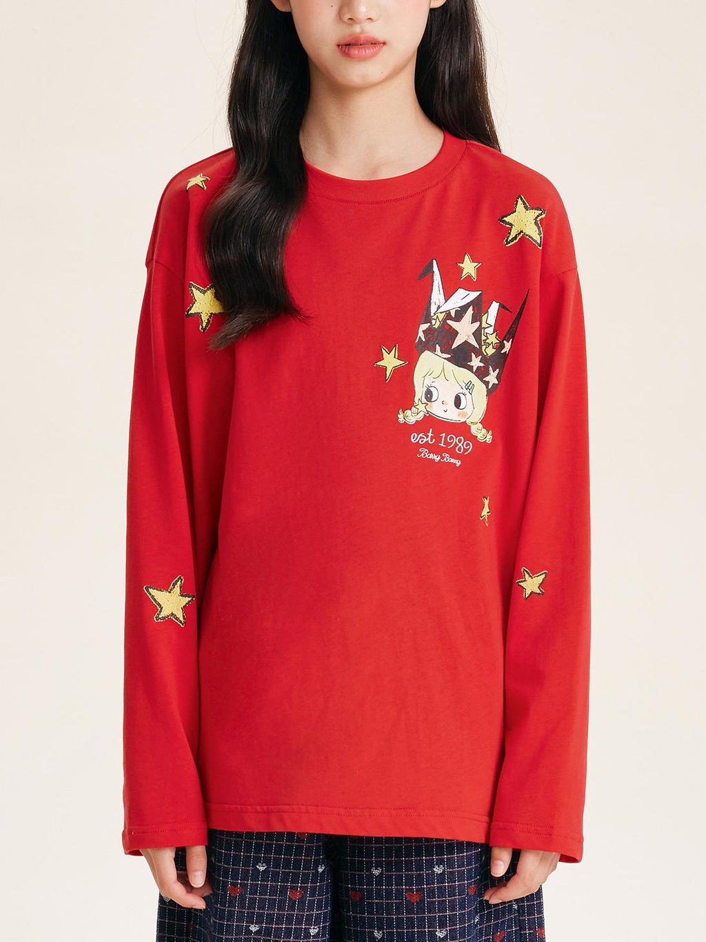 Girls Red Pullover Crewneck Cotton Long Sleeve Top