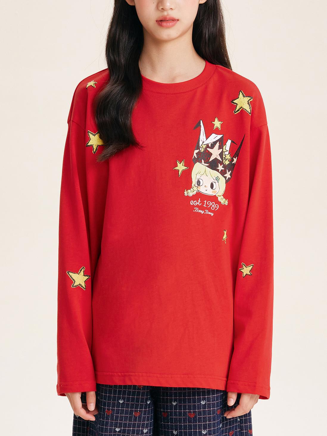 Girls Red Pullover Crewneck Cotton Long Sleeve Top