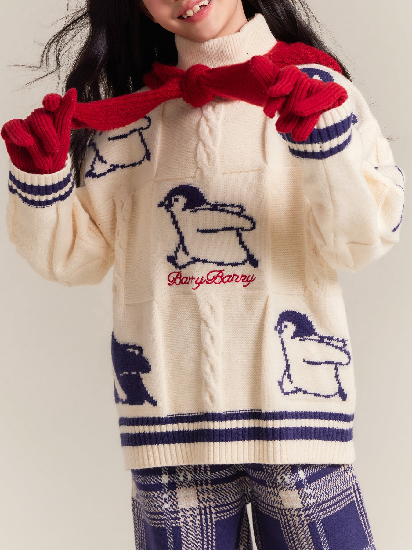 Kids Penguin Knit Sweater & Plaid Trousers Set
