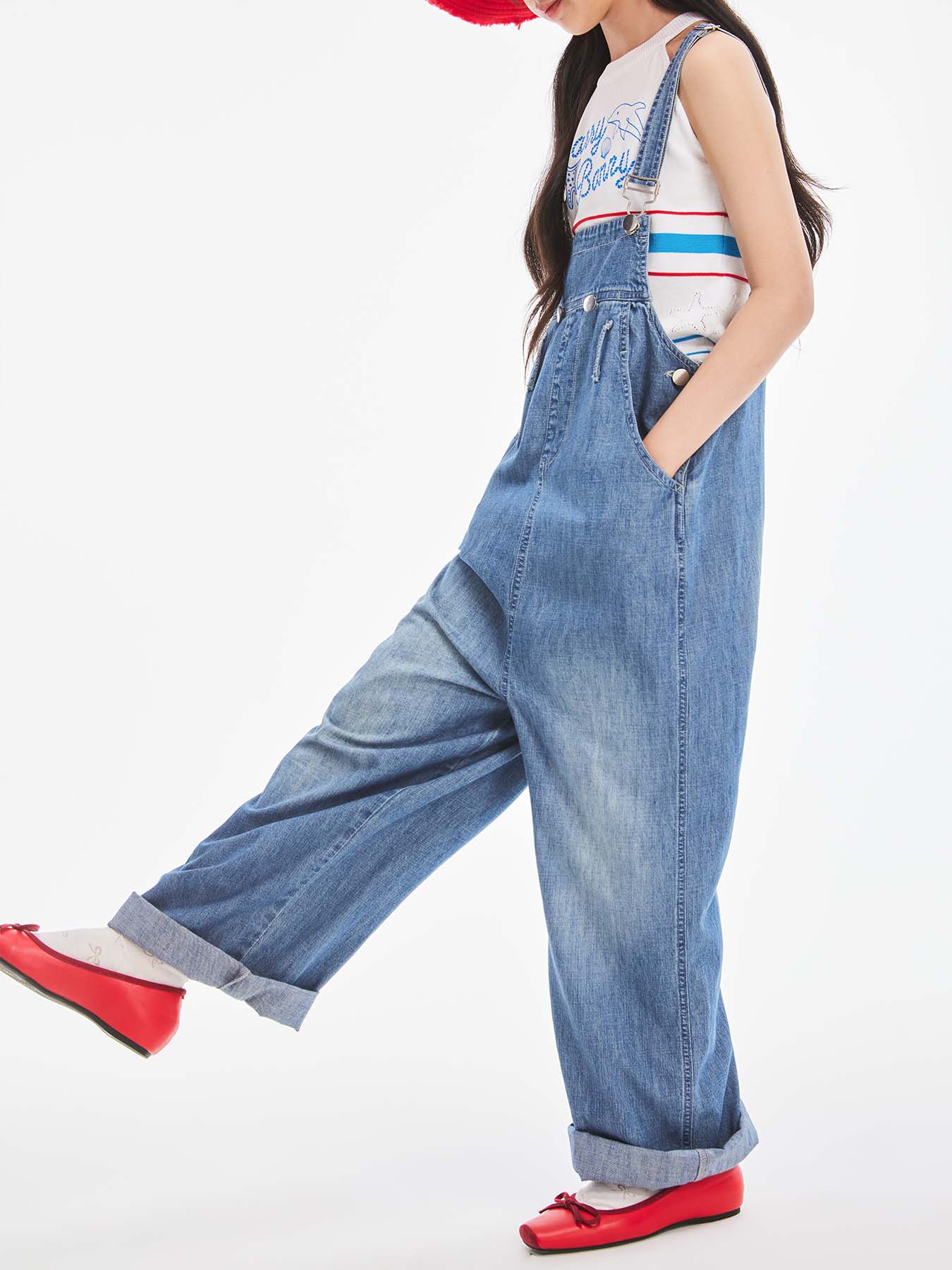 Girls Classic Cotton Denim Overalls Wide Leg Jumpsuit
