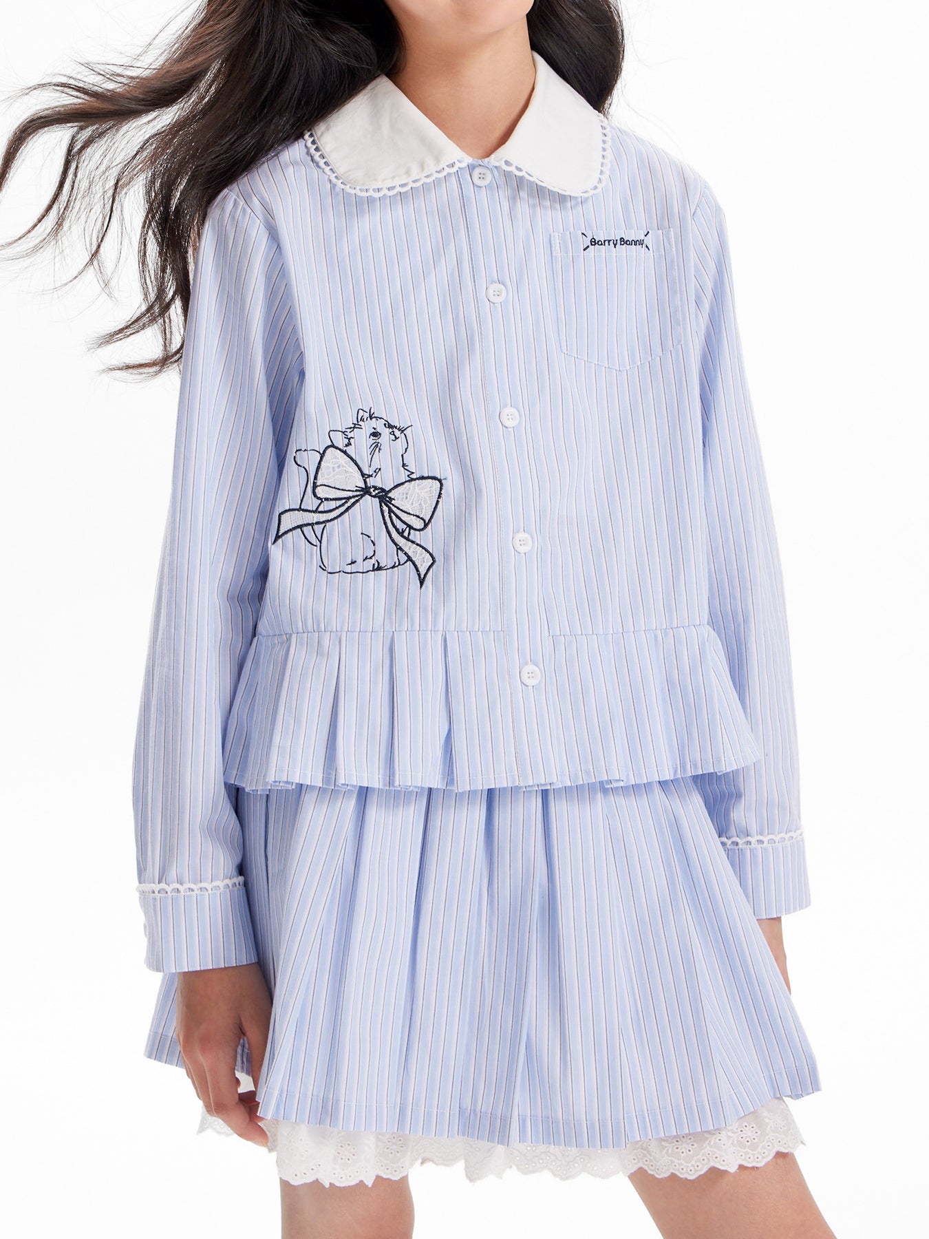 Girls Striped Doll Collar Embroidered Cat Set