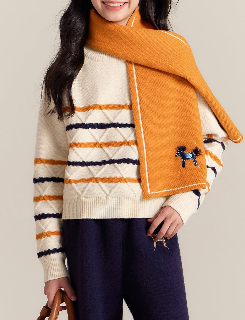 Girls Argyle Stripe Knit Sweater with Horse Embroidery