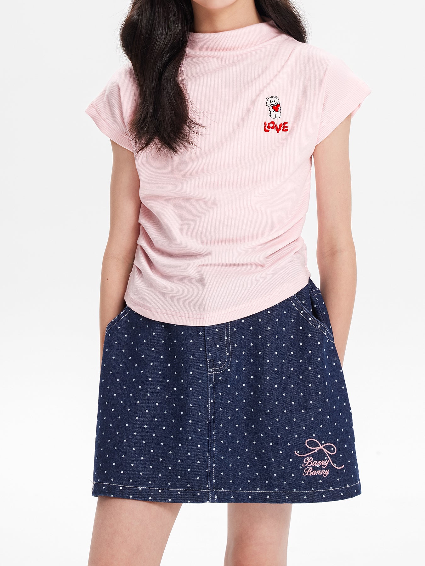 Girls Polka Dot Denim Skirt with Pockets Casual Wear