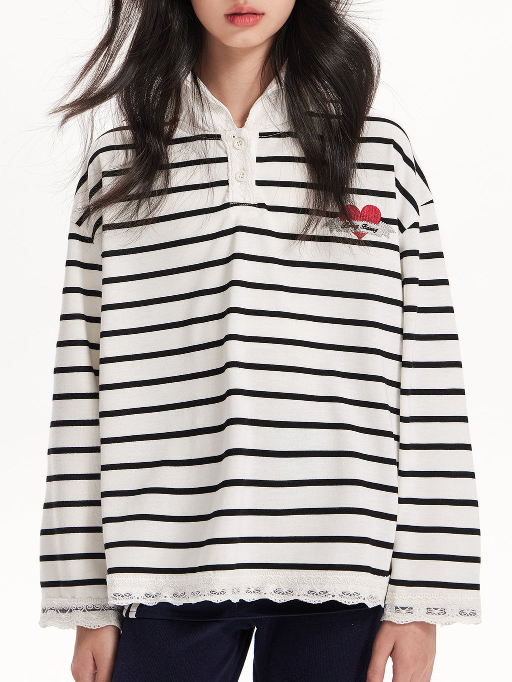 Heart Striped Hoodie with Lace Detail - Girls' Classic T-Shirt