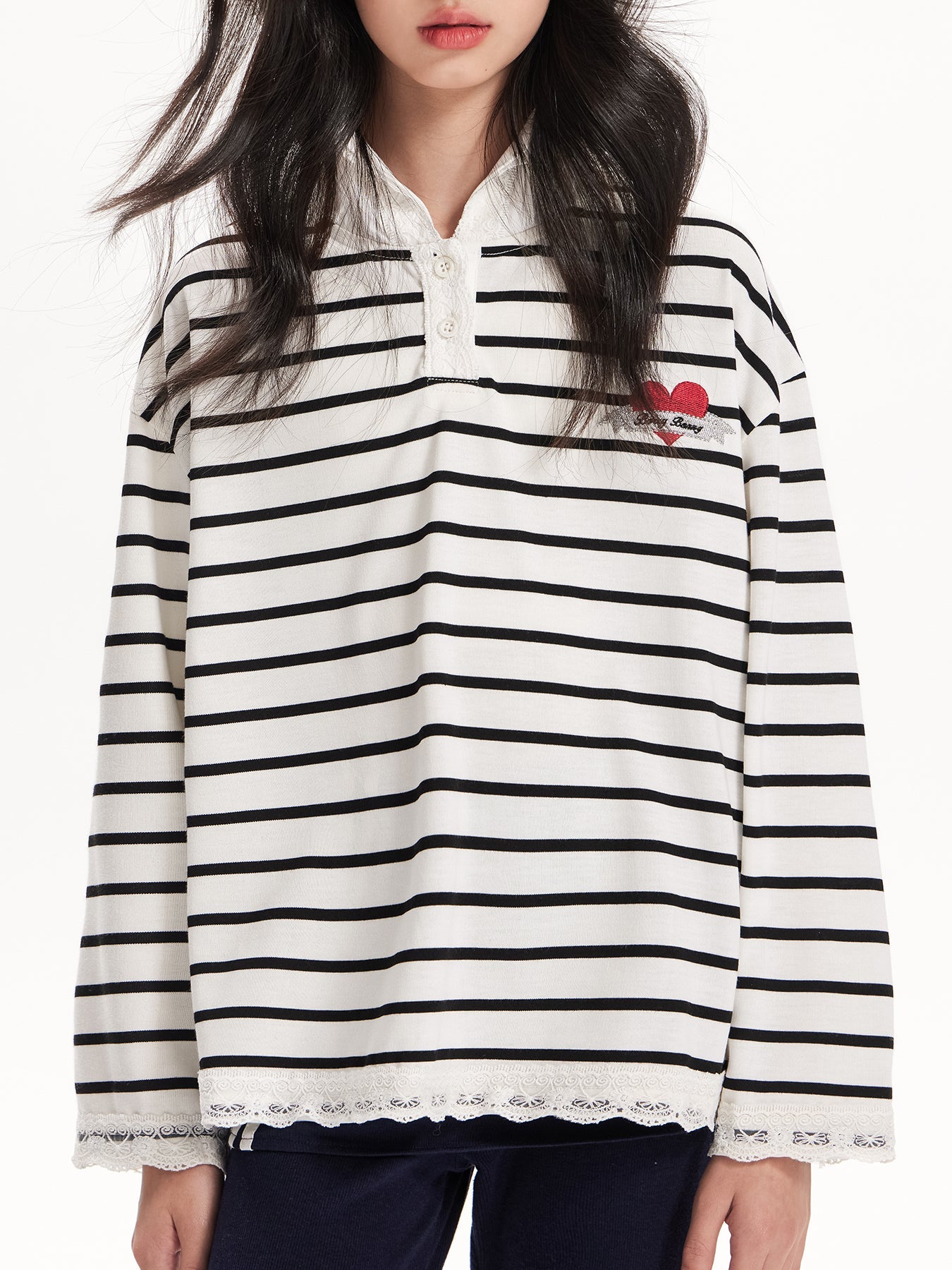 Heart Striped Hoodie with Lace Detail - Girls' Classic T-Shirt