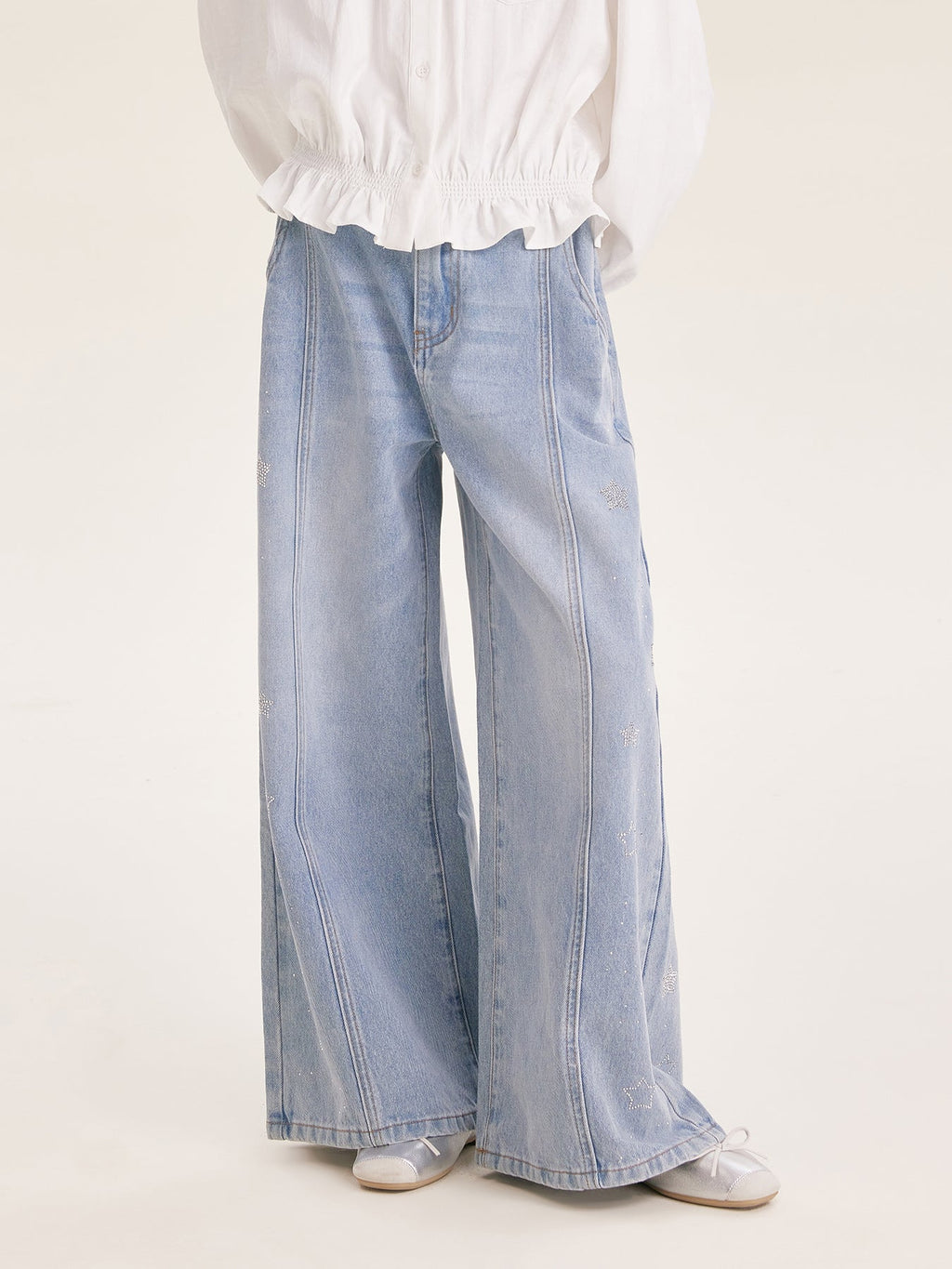 Girl's Wide Leg Star Print Denim Jeans Casual Pants