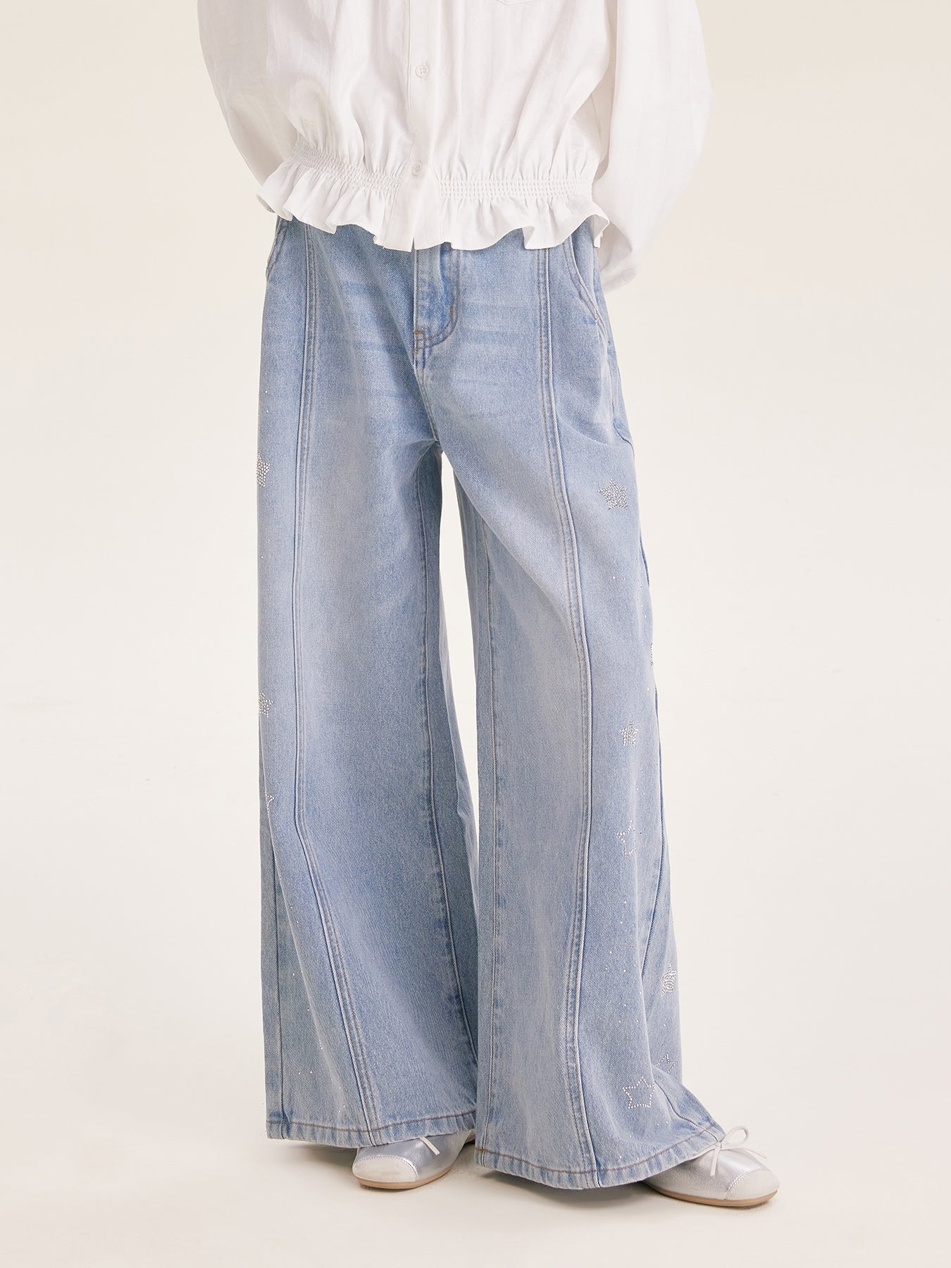 Girl's Wide Leg Star Print Denim Jeans Casual Pants