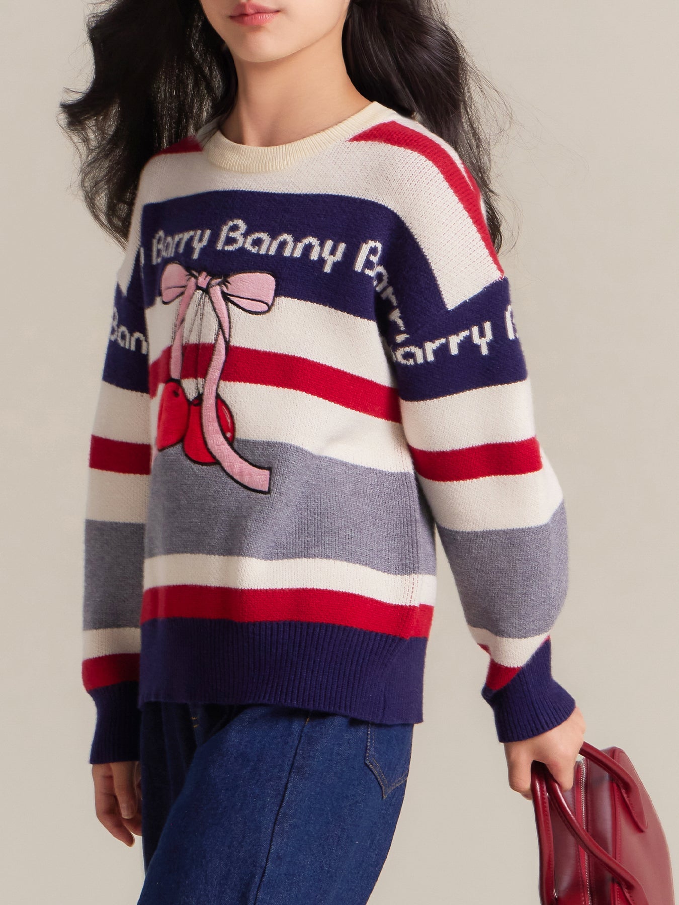 Girls Thick Knit Crew Neck Sweater with Cherry Design