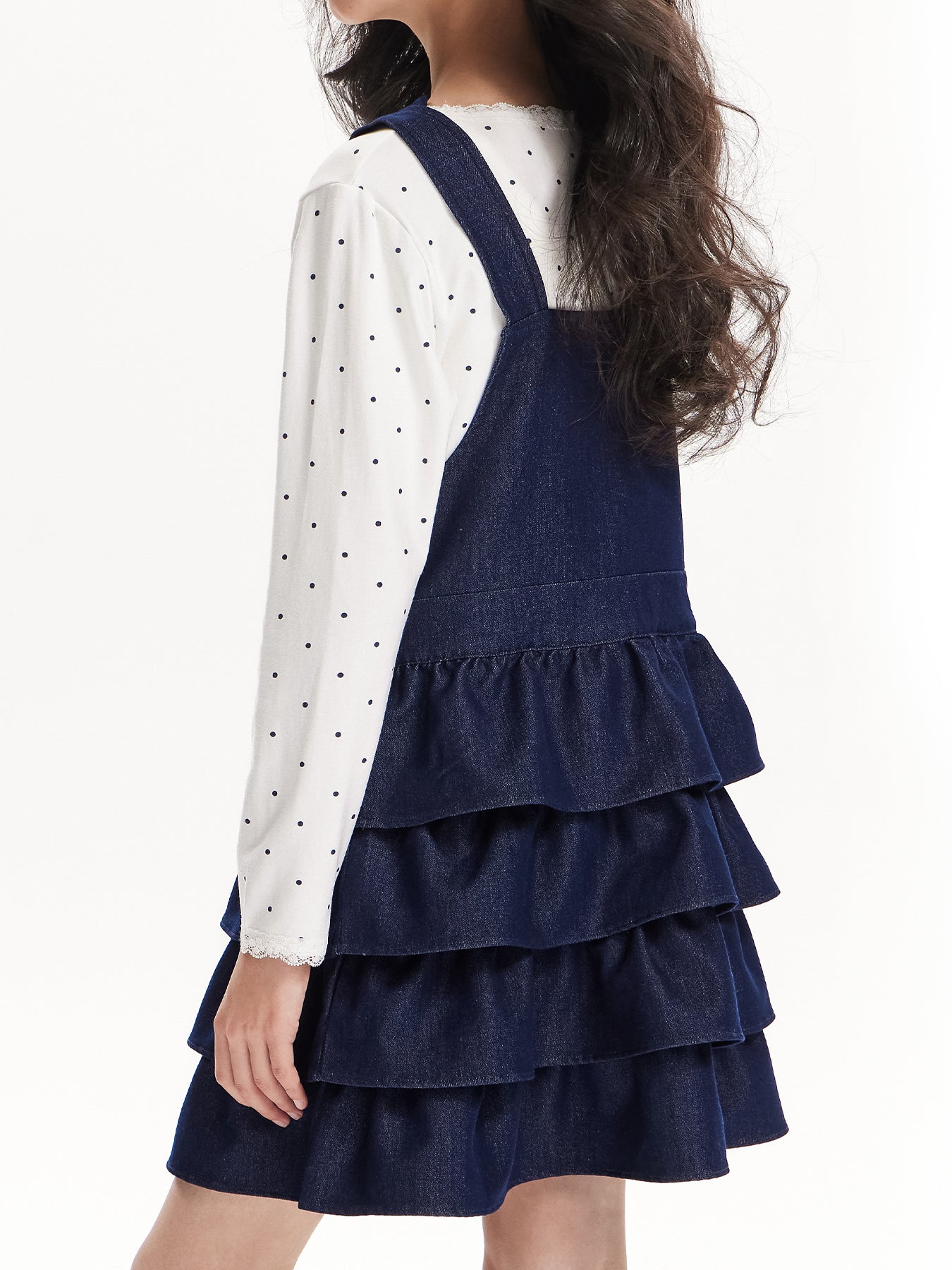 Girls Denim Layered Ruffle Overall Dress Adjustable