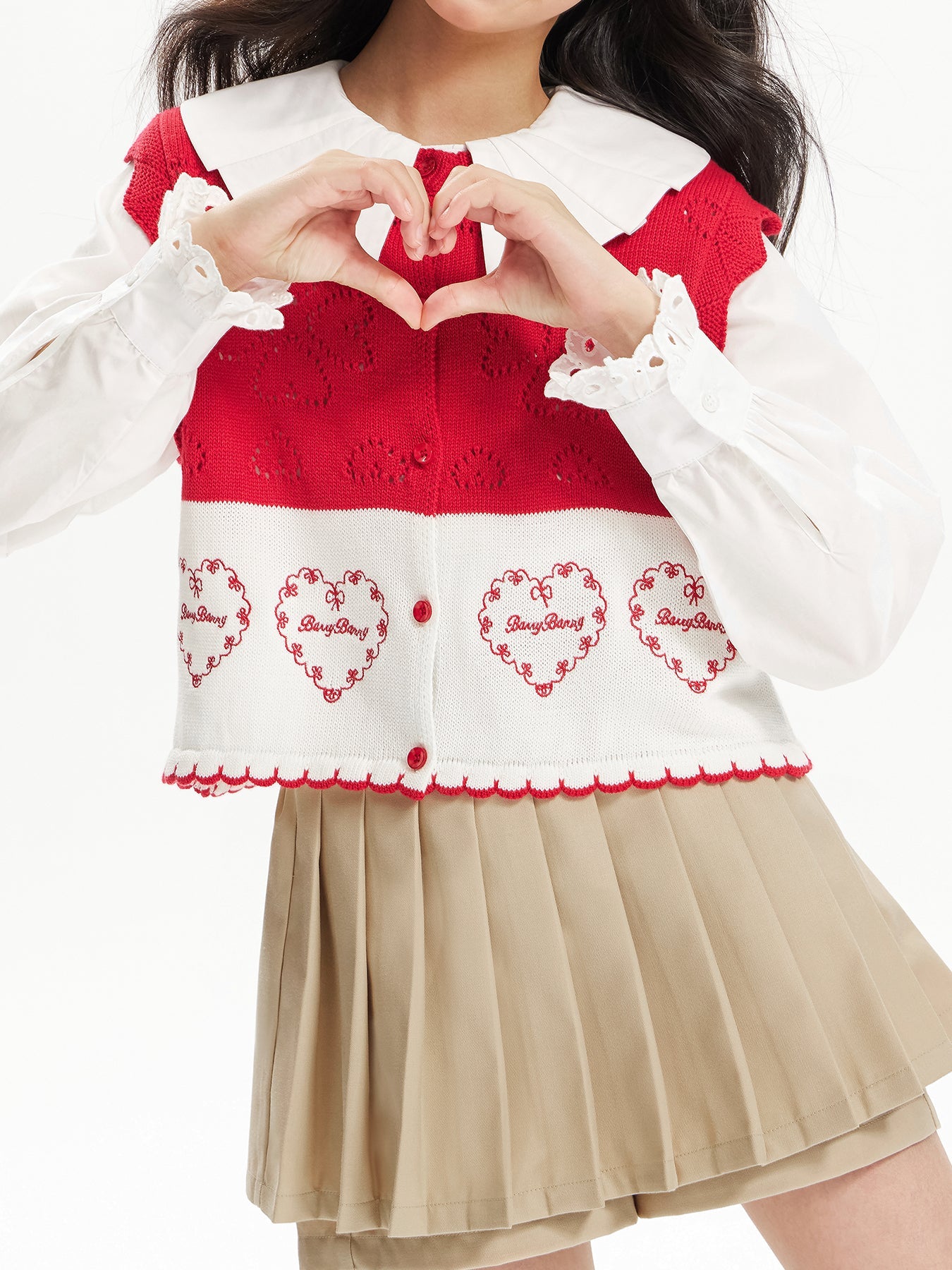 Girls Red Knit Sweater Vest Heart Pattern Cardigan