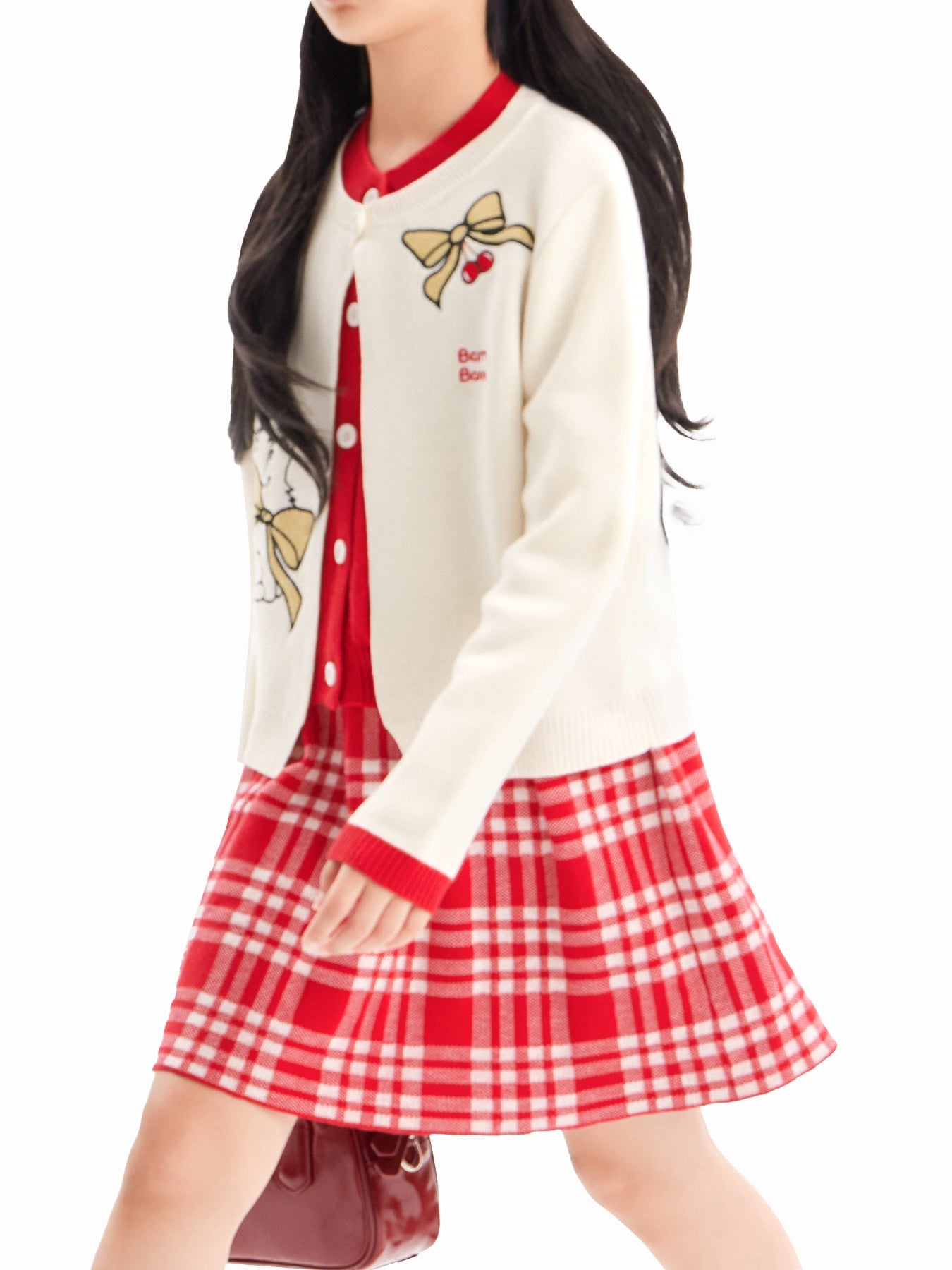 Charming Cat Knitted Cardigan & Red Plaid Pleated Skirt Set for Girls