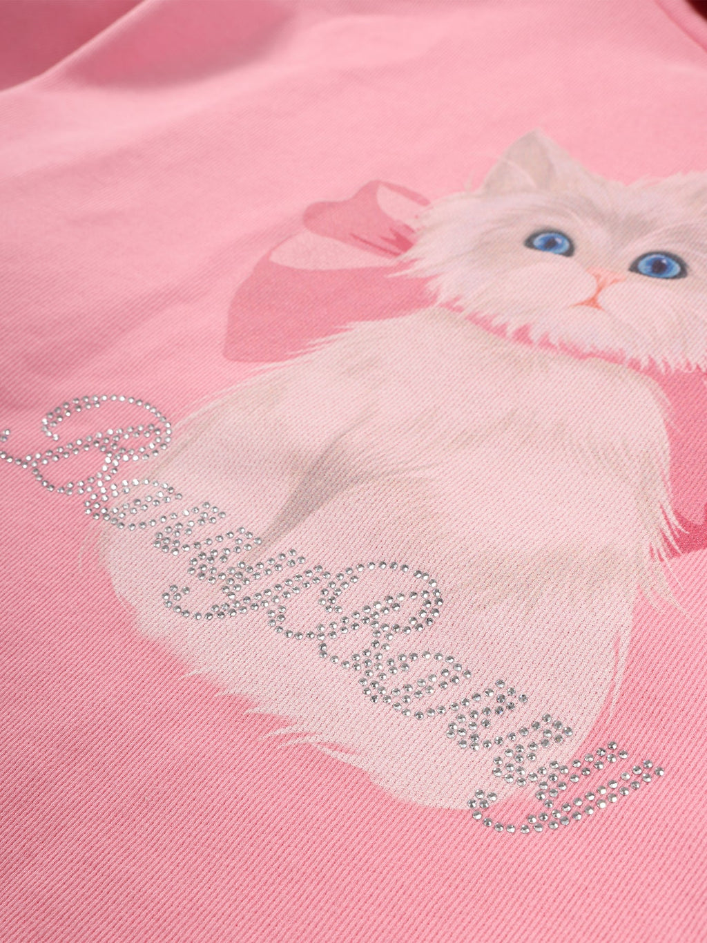 Girls Pink Hoodie with Cute Cat Print and Rhinestone Detail