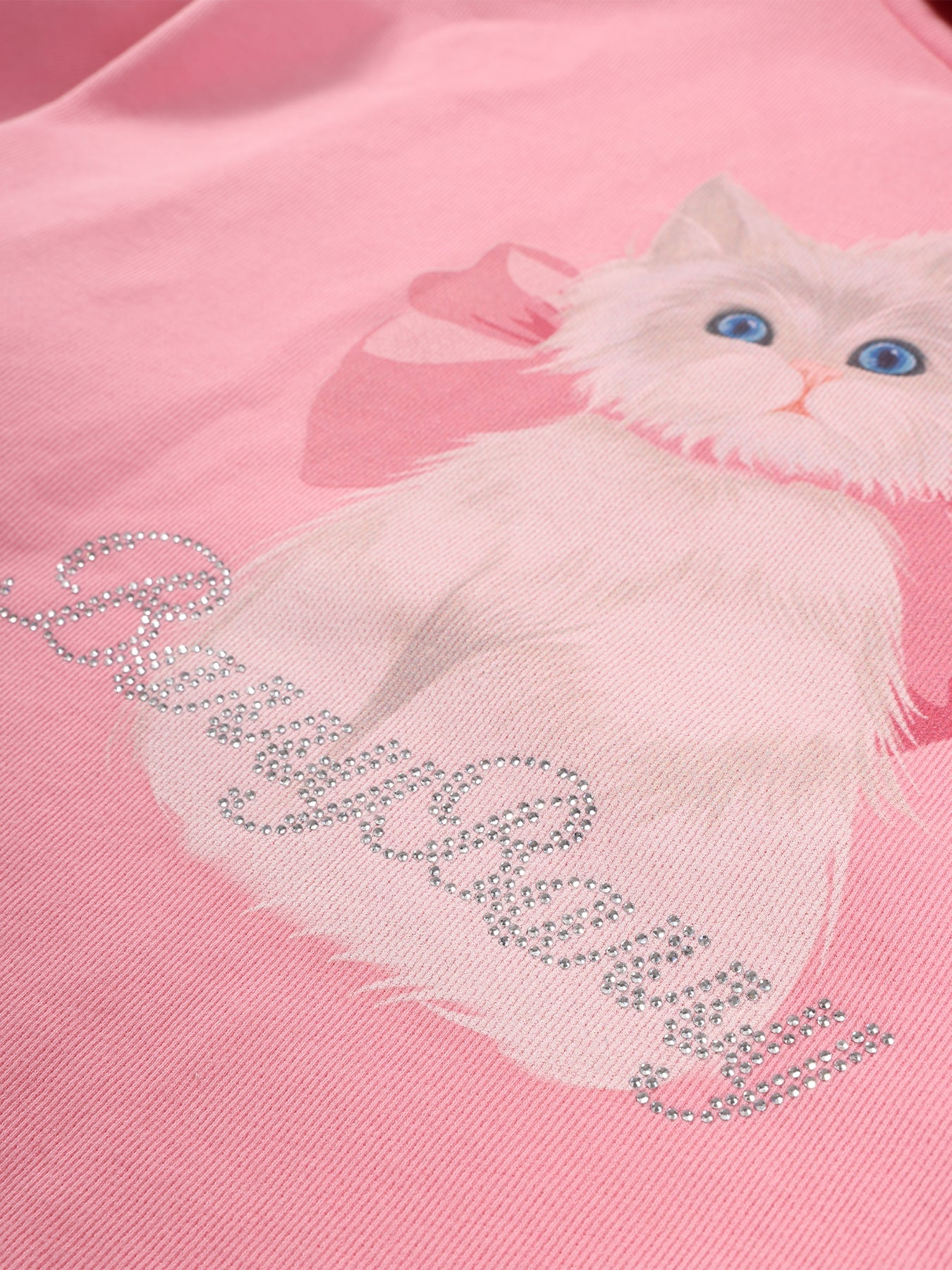 Girls Pink Hoodie with Cute Cat Print and Rhinestone Detail