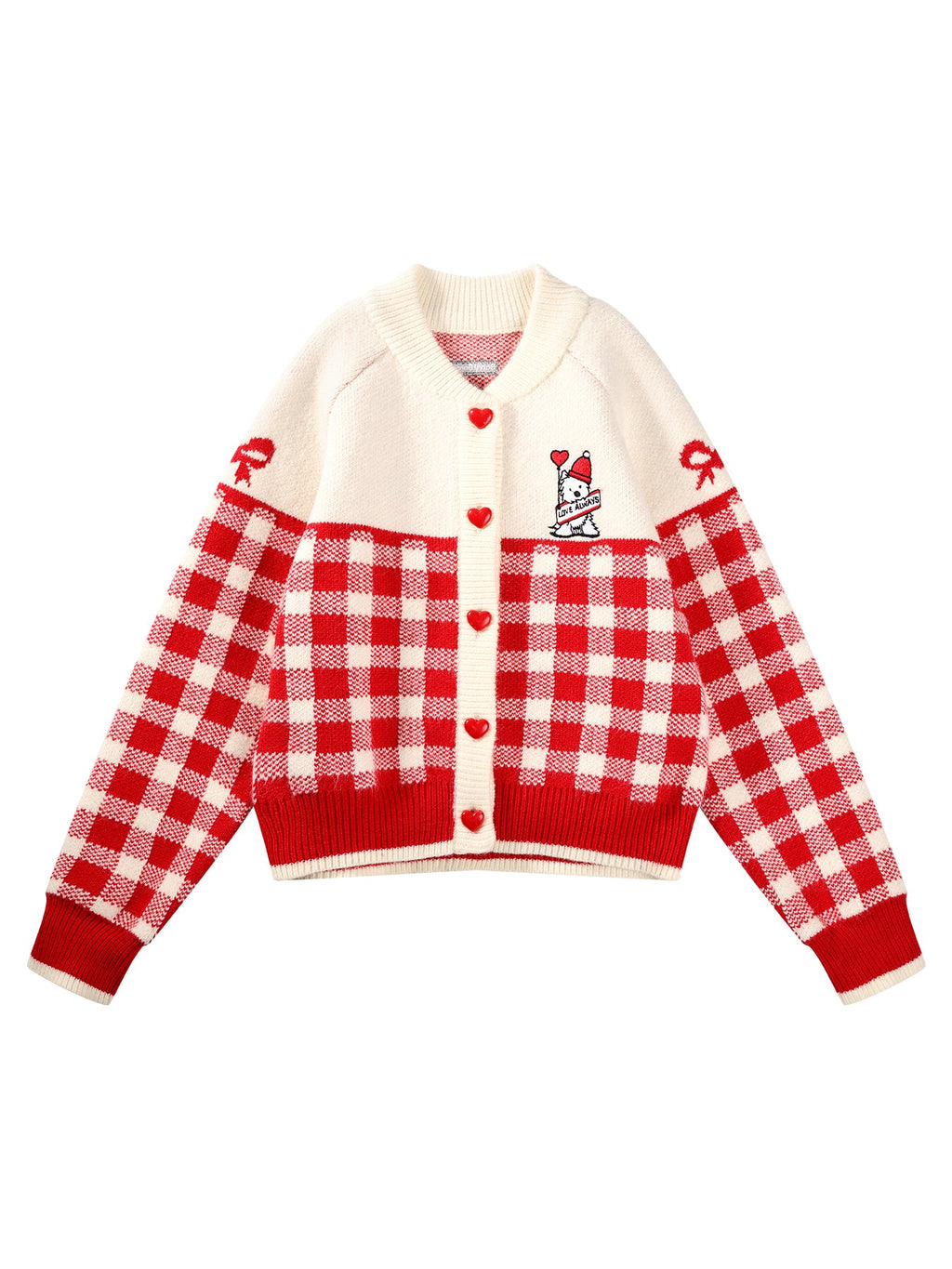 Girls Red Plaid Knit Cardigan Sweater with Heart Buttons