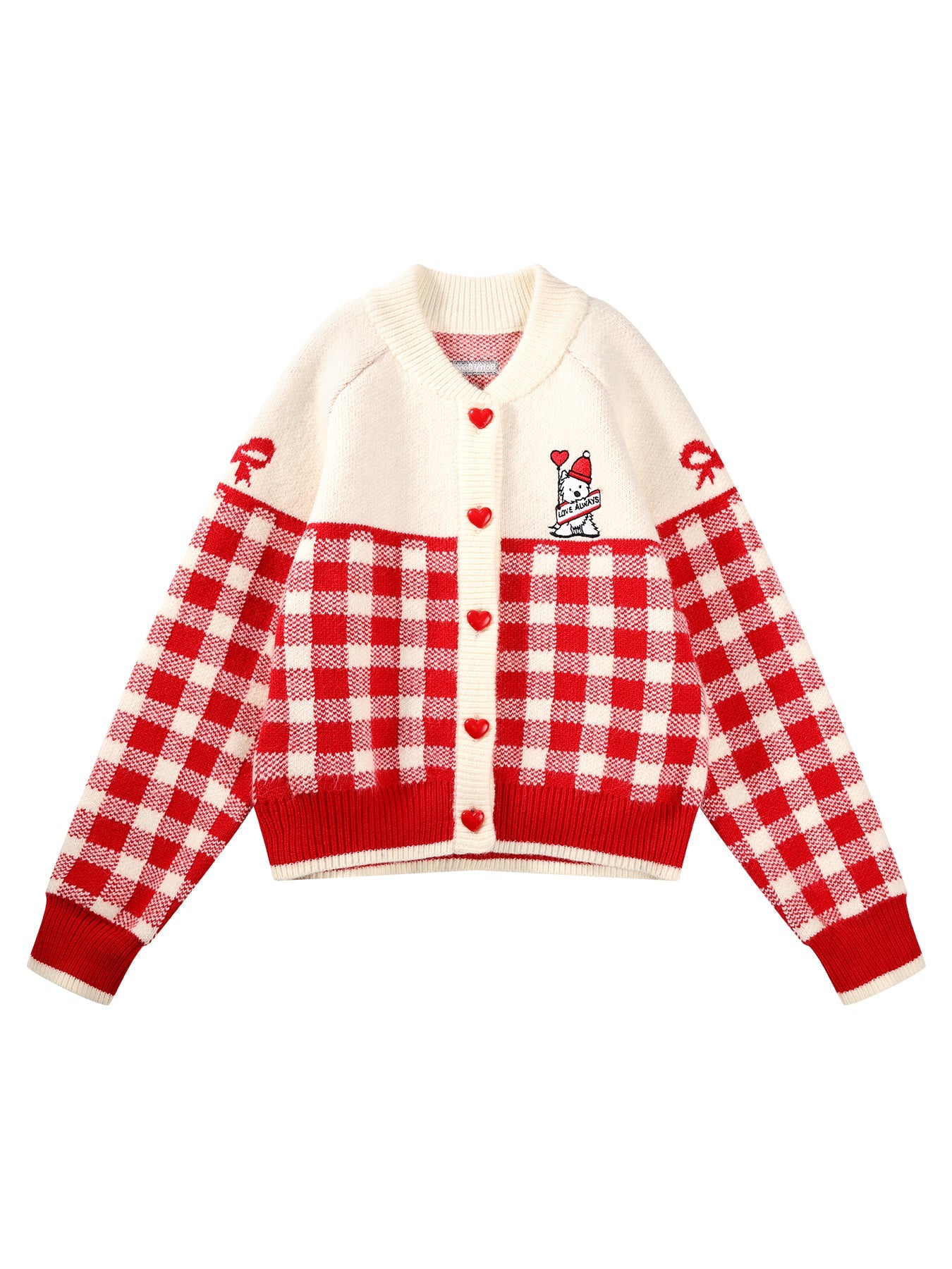 Girls Red Plaid Knit Cardigan Sweater with Heart Buttons