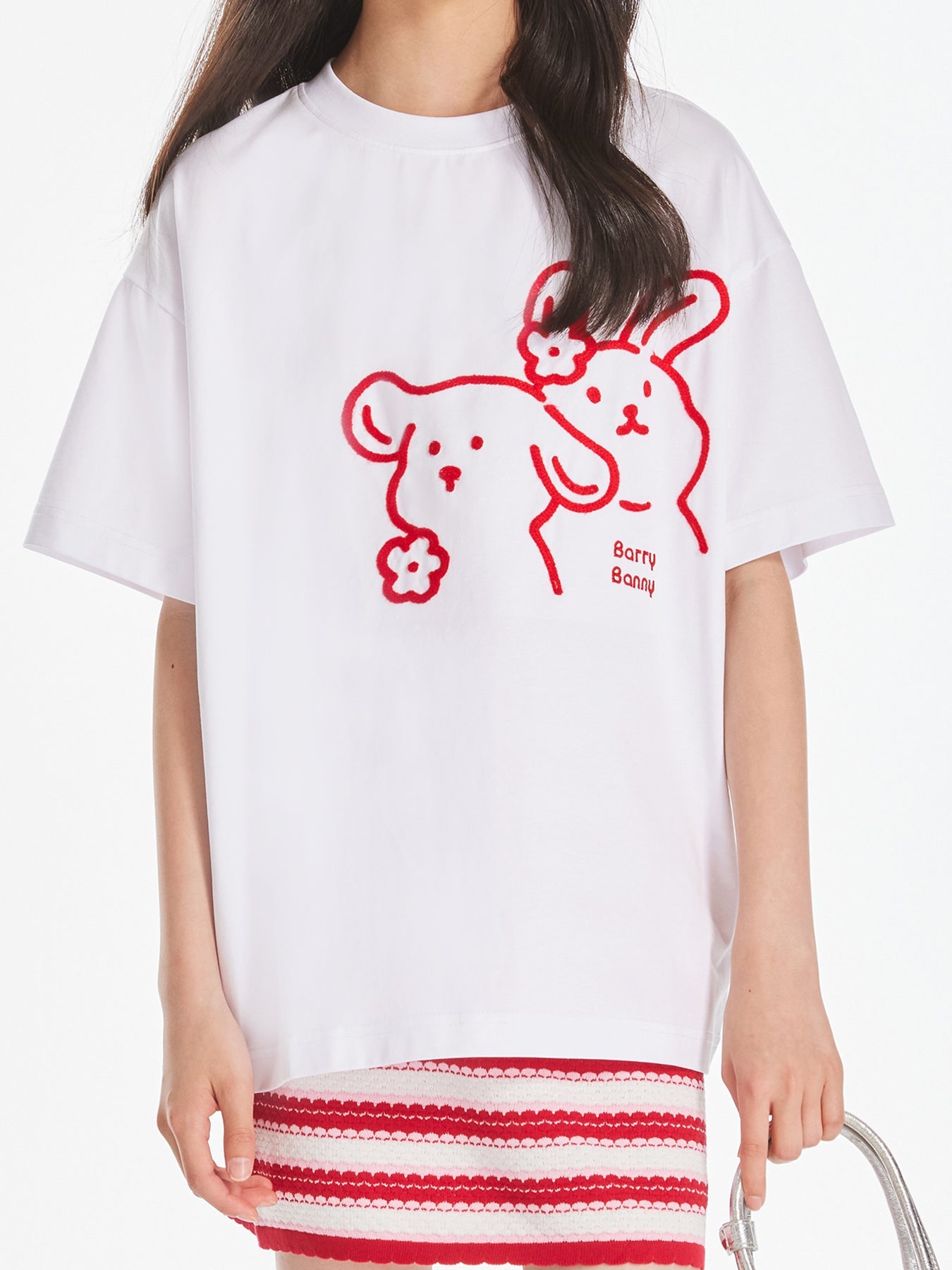 Girls White Cartoon Embroidered Short Sleeve T Shirt