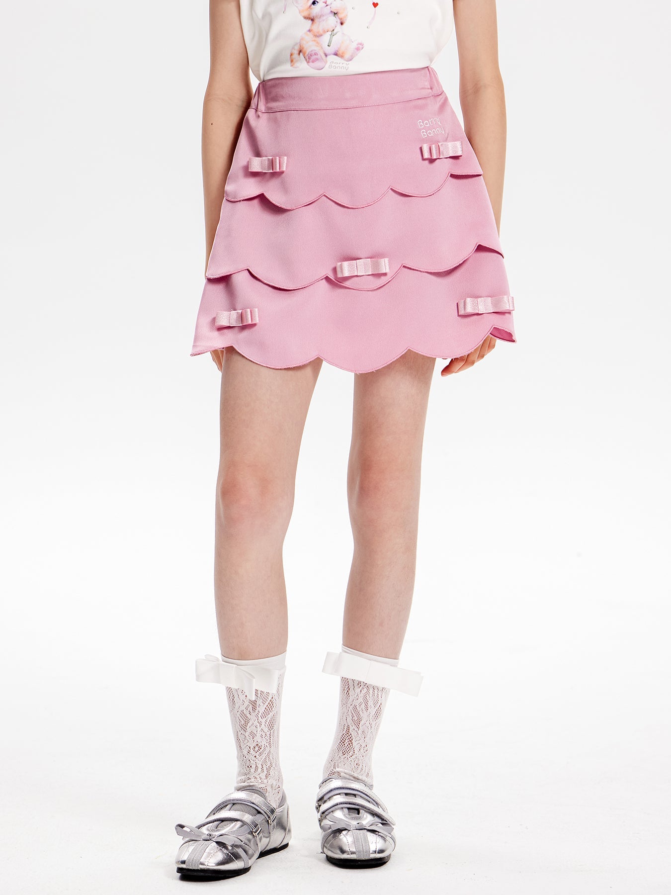 Girls Pink Layered Skirt with Satin Bow Ruffle Hem
