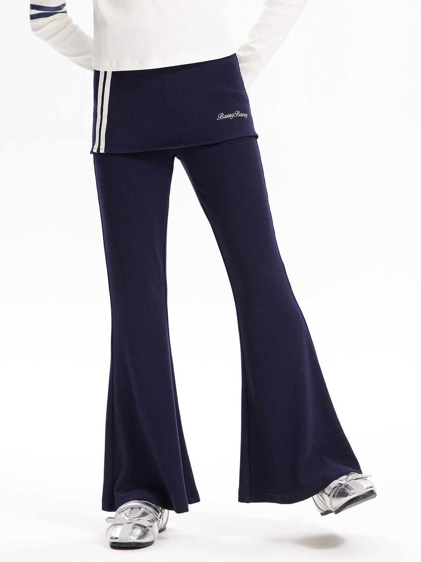 Girls Flared Pants with Skirt Overlay and Logo Embroidery
