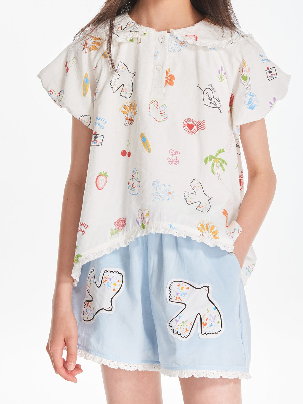Girls Lace Collar Printed Blouse with Cute Shorts
