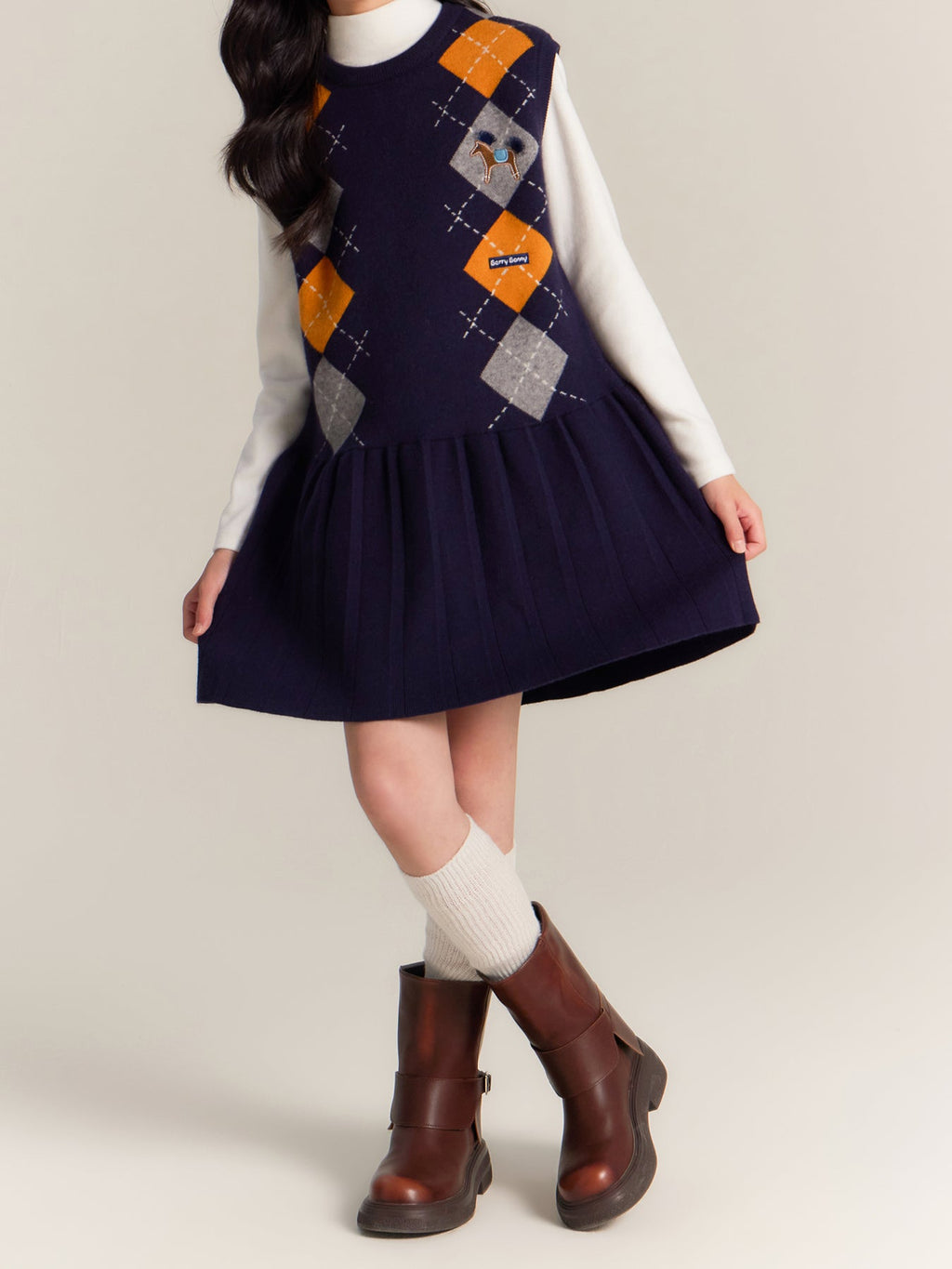 Girls Argyle Knit Dress Sleeveless Plaid Jumper Outfit