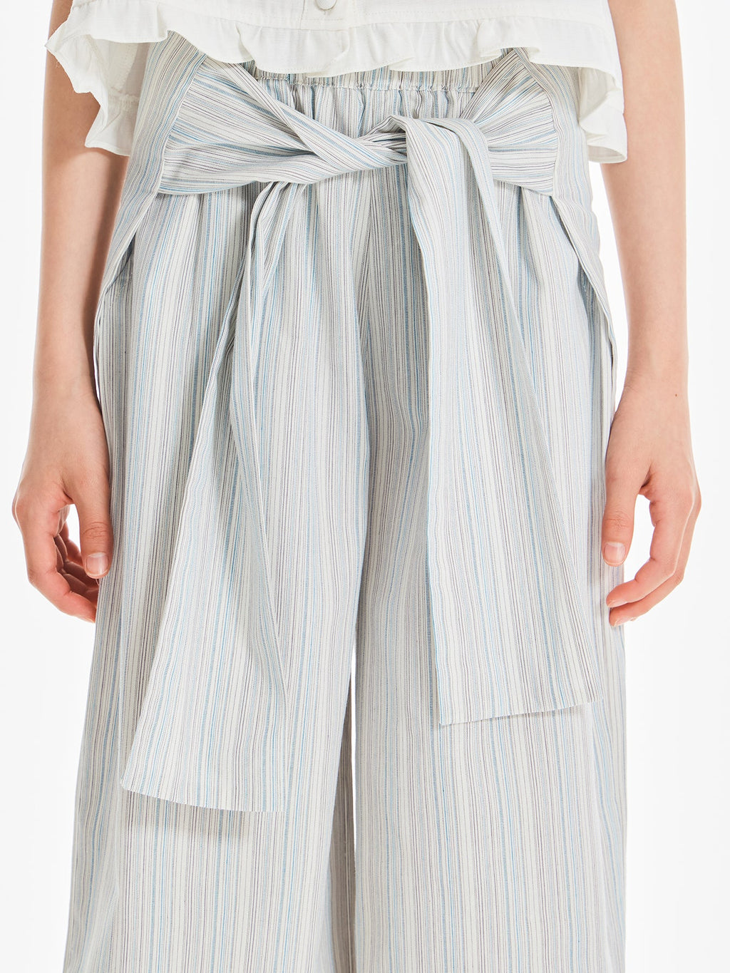 Striped Wide Leg Pants with Tie Waist and Pockets