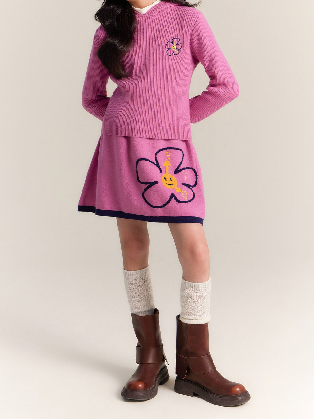 Girls Pink Hoodie Knit Top and Skirt Set