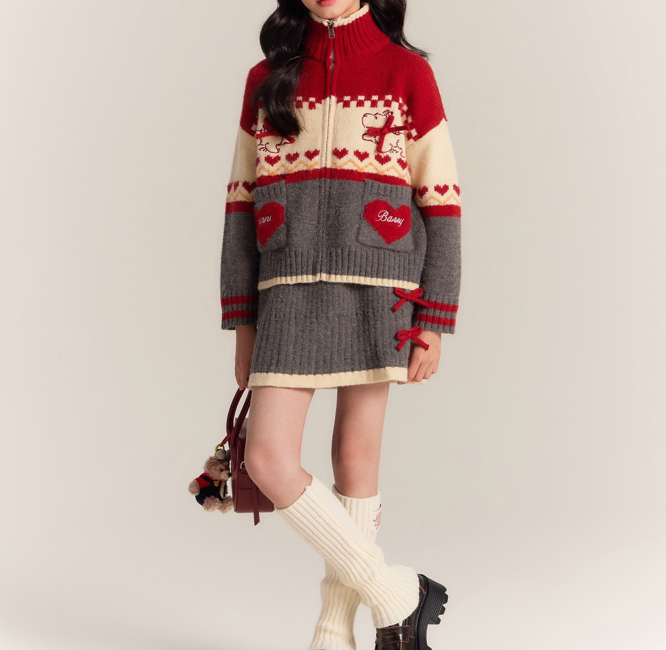 Kids' Cozy Knit Cardigan and Skirt Set with High Collar