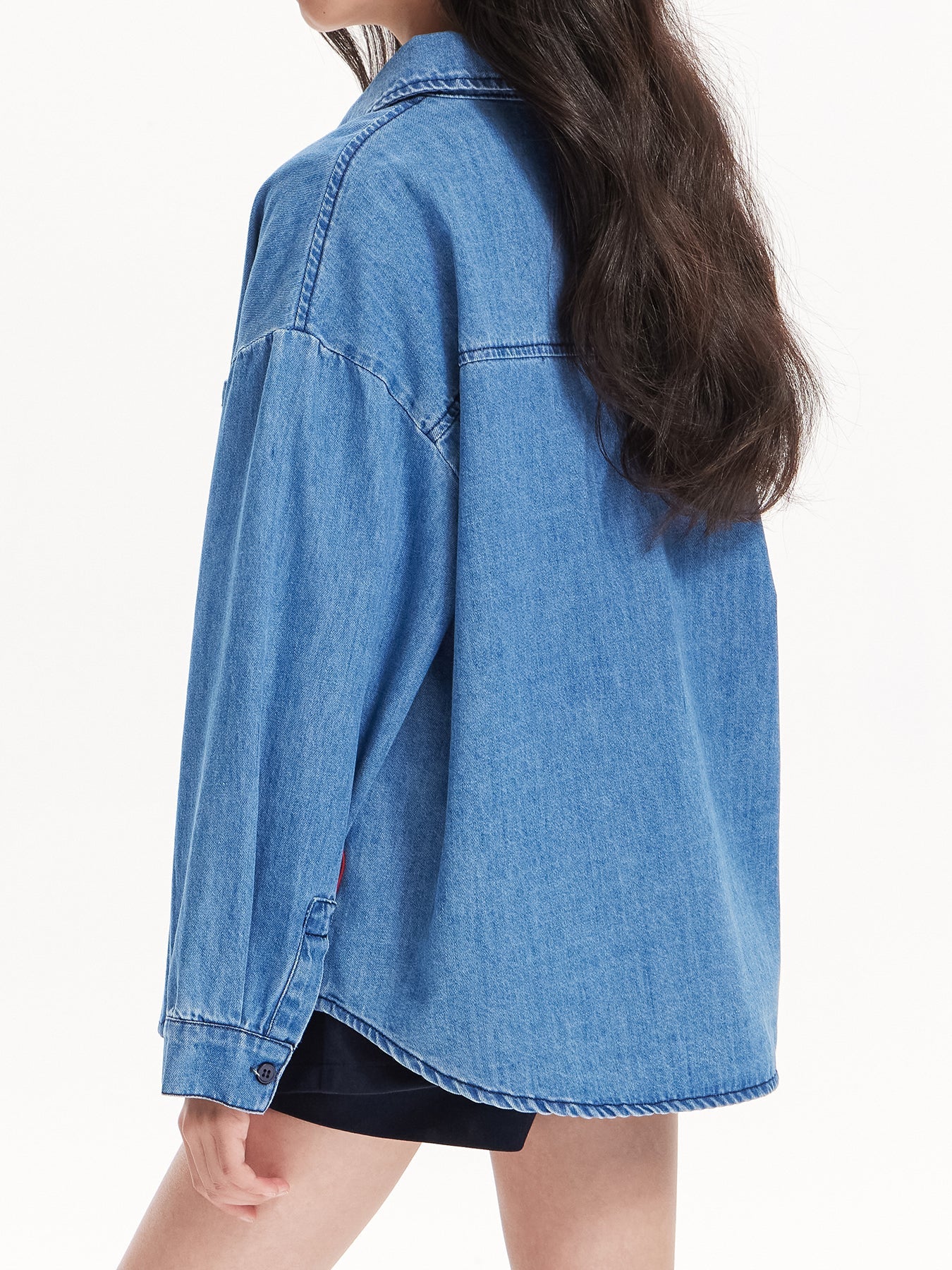 Girls Denim Heart Embroidered Shirt Jacket – Blue Classic